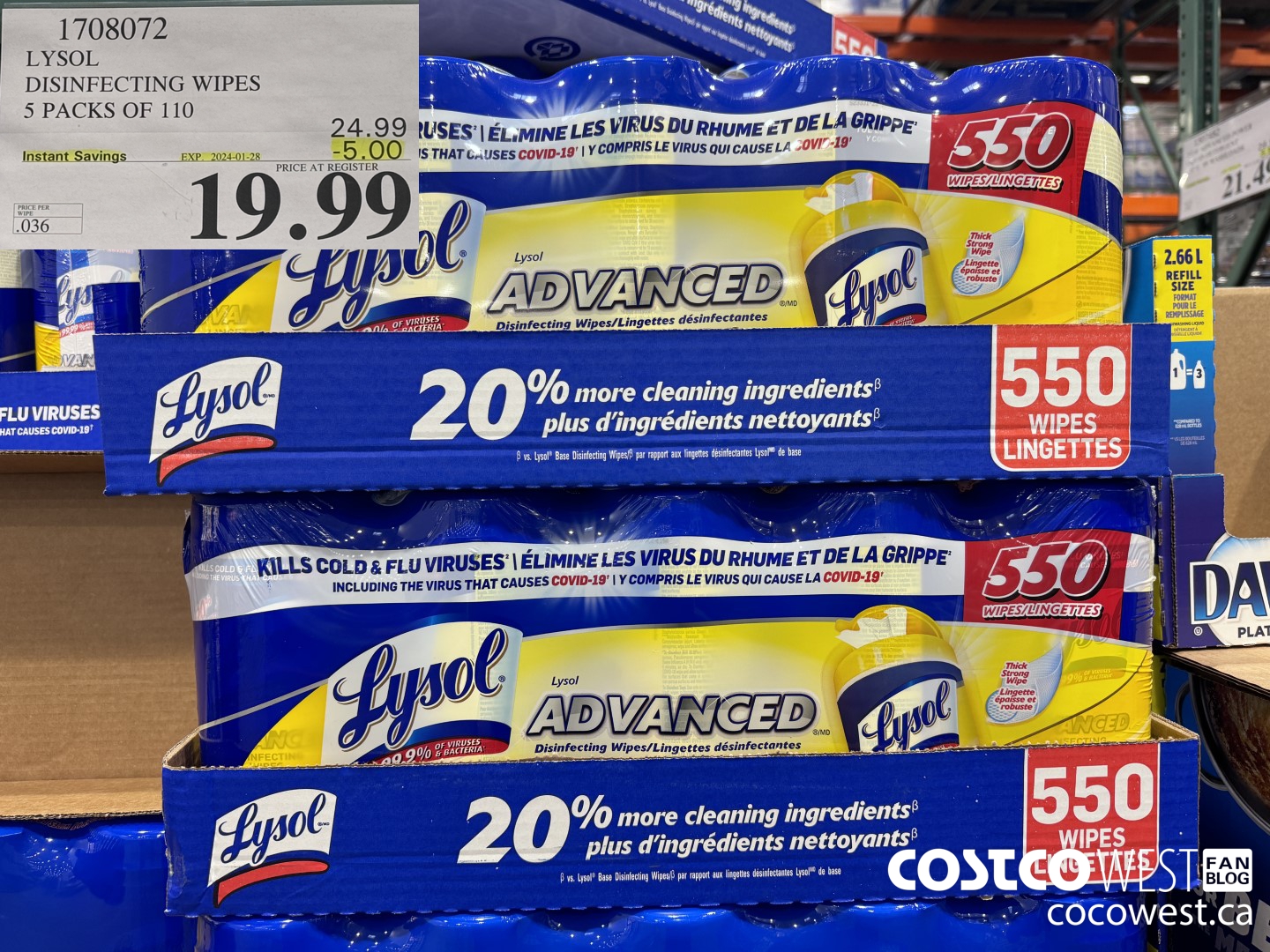 1708072 LYSOL DISINFECTING WIPES 5 X 110 WIPES ($5.00 INSTANT SAVINGS EXPIRES ON 2024-01-28) $19.99
