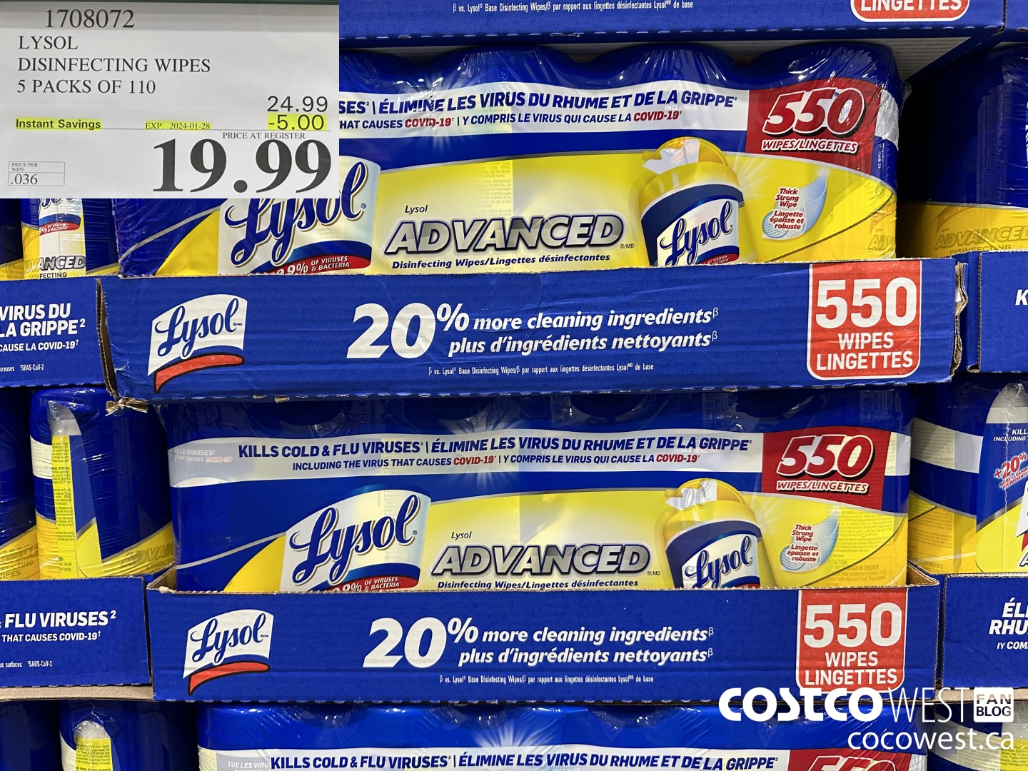 1708072 LYSOL DISINFECTING WIPES 5 X 110 WIPES ($5.00 INSTANT SAVINGS EXPIRES ON 2024-01-28) $19.99