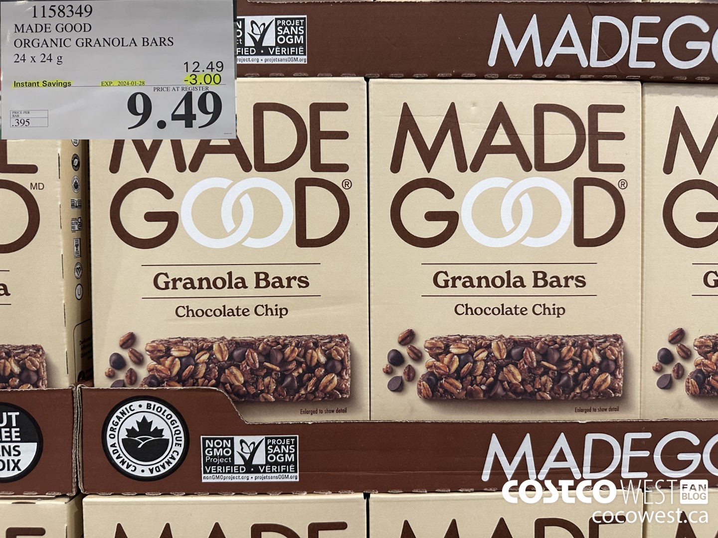 1158349 MADE GOOD ORGANIC GRANOLA BARS 24 x 24g ($3.00 INSTANT SAVINGS EXPIRES ON 2024-01-28) $9.49