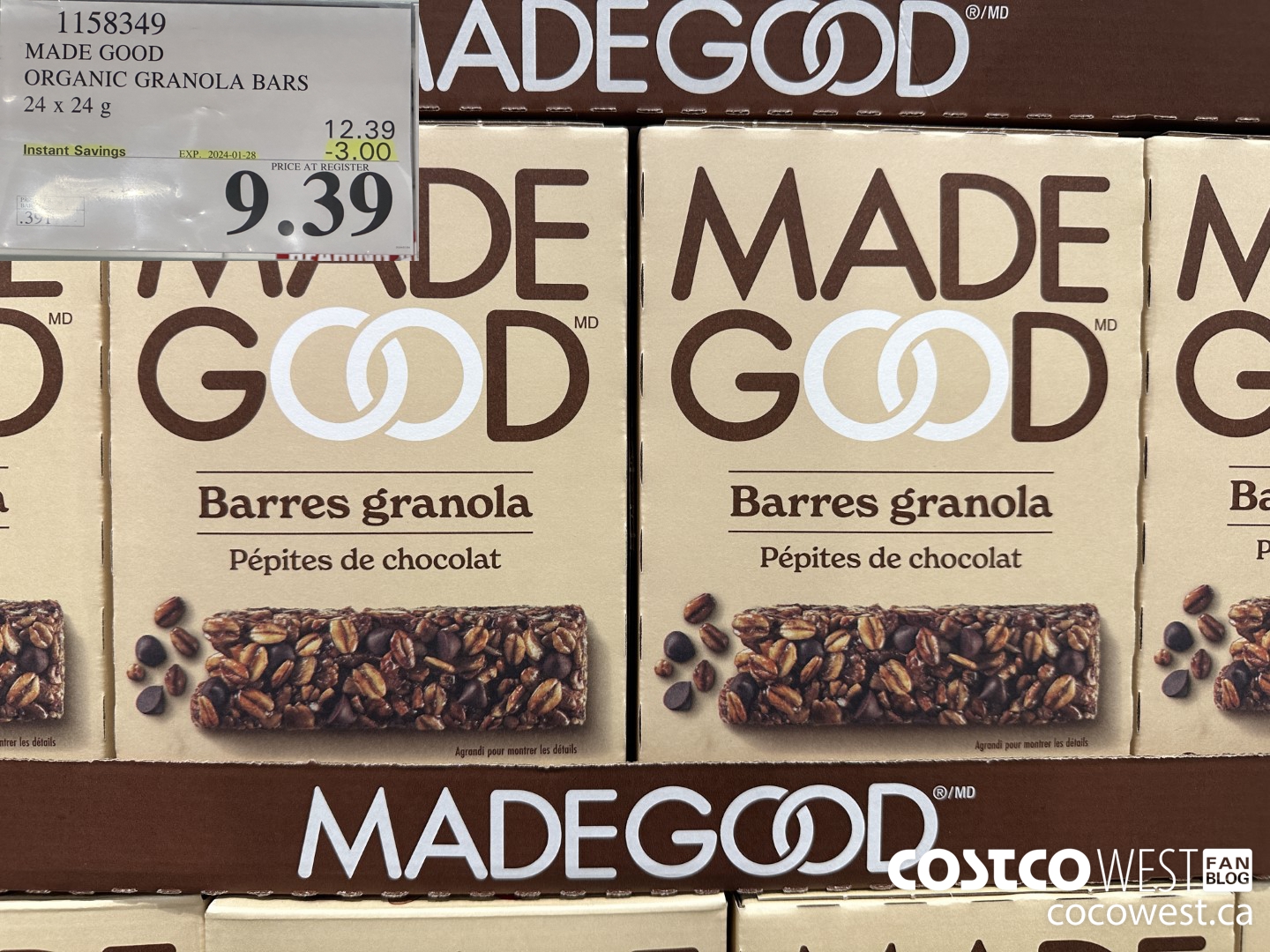 1158349 MADE GOOD ORGANIC GRANOLA BARS 24 x 24g ($3.00 INSTANT SAVINGS EXPIRES ON 2024-01-28) $9.49