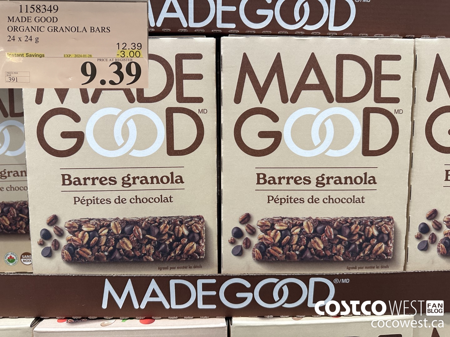 1158349 MADE GOOD ORGANIC GRANOLA BARS 24 x 24g ($3.00 INSTANT SAVINGS EXPIRES ON 2024-01-28) $9.39
