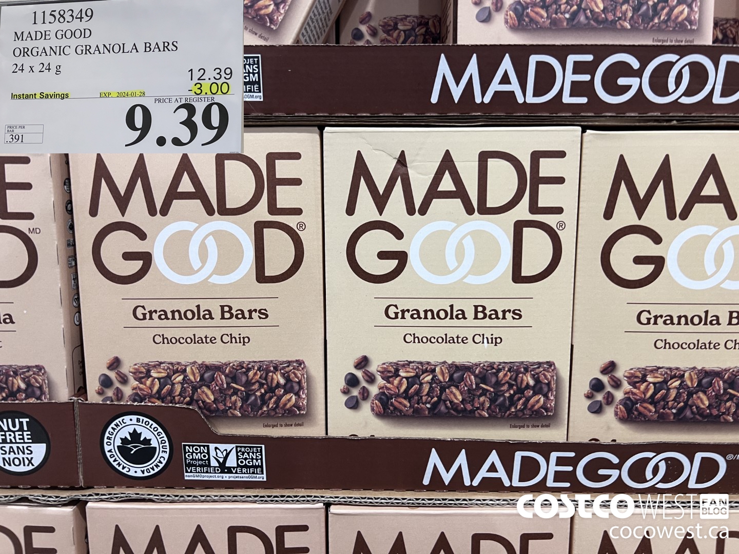 1158349 MADE GOOD ORGANIC GRANOLA BARS 24 x 24g ($3.00 INSTANT SAVINGS EXPIRES ON 2024-01-28) $9.39