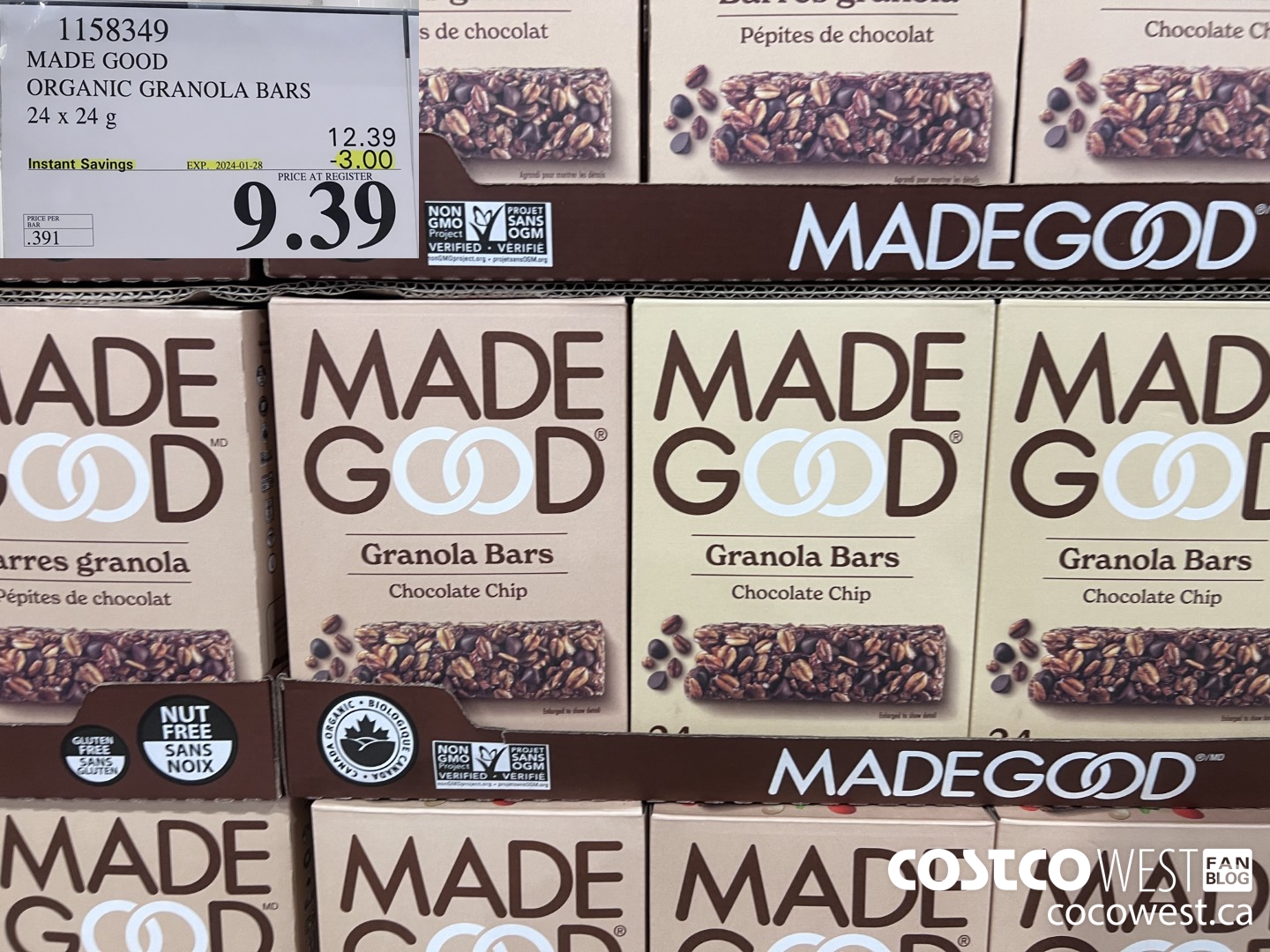 1158349 MADE GOOD ORGANIC GRANOLA BARS 24 x 24g ($3.00 INSTANT SAVINGS EXPIRES ON 2024-01-28) $9.39