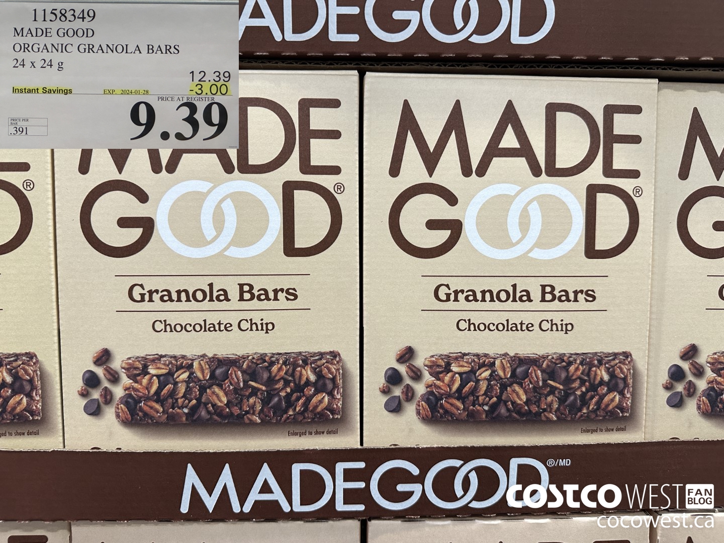 1158349 MADE GOOD ORGANIC GRANOLA BARS 24 x 24g ($3.00 INSTANT SAVINGS EXPIRES ON 2024-01-28) $9.39