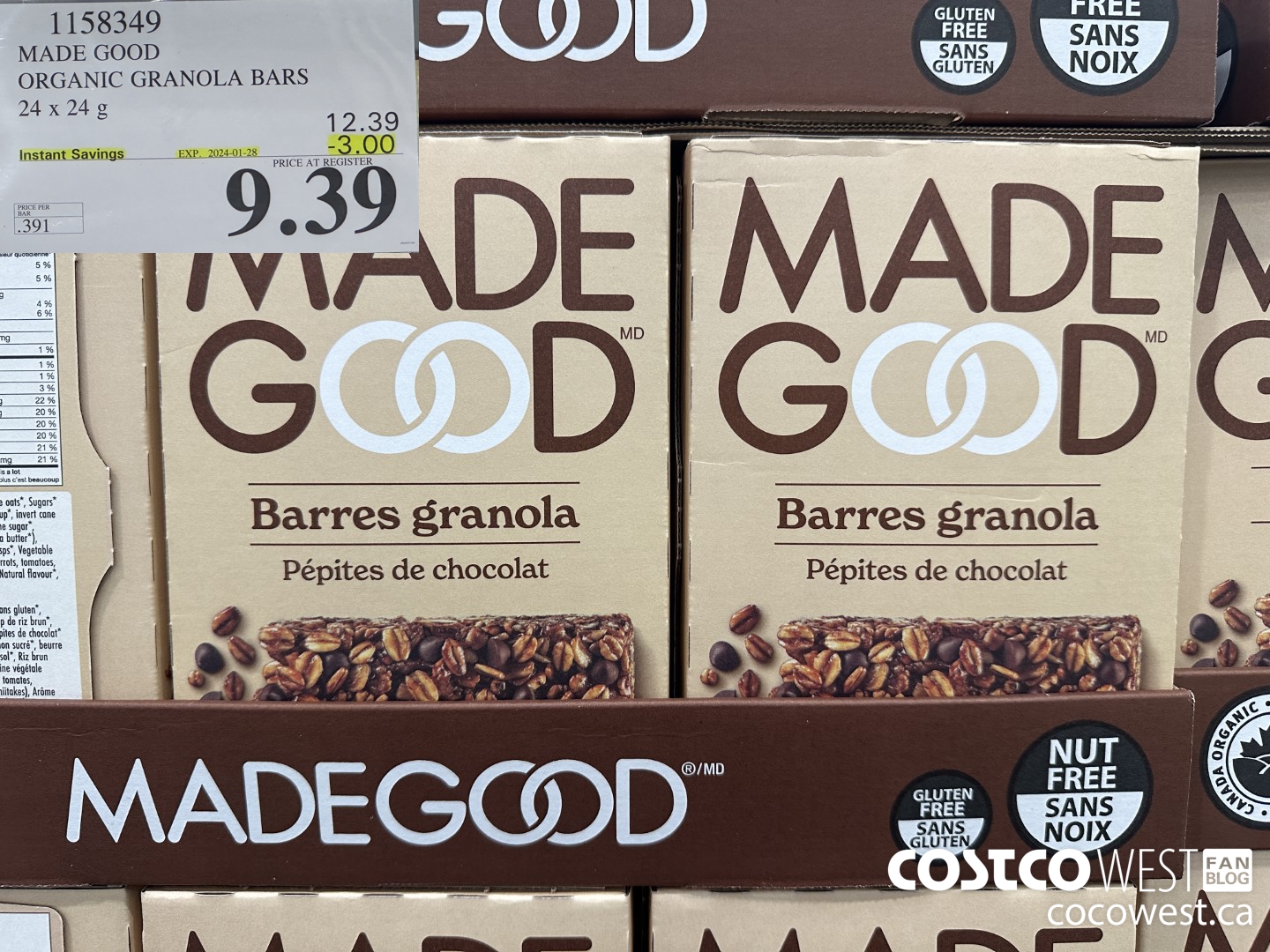 1158349 MADE GOOD ORGANIC GRANOLA BARS 24 x 24g ($3.00 INSTANT SAVINGS EXPIRES ON 2024-01-28) $9.39