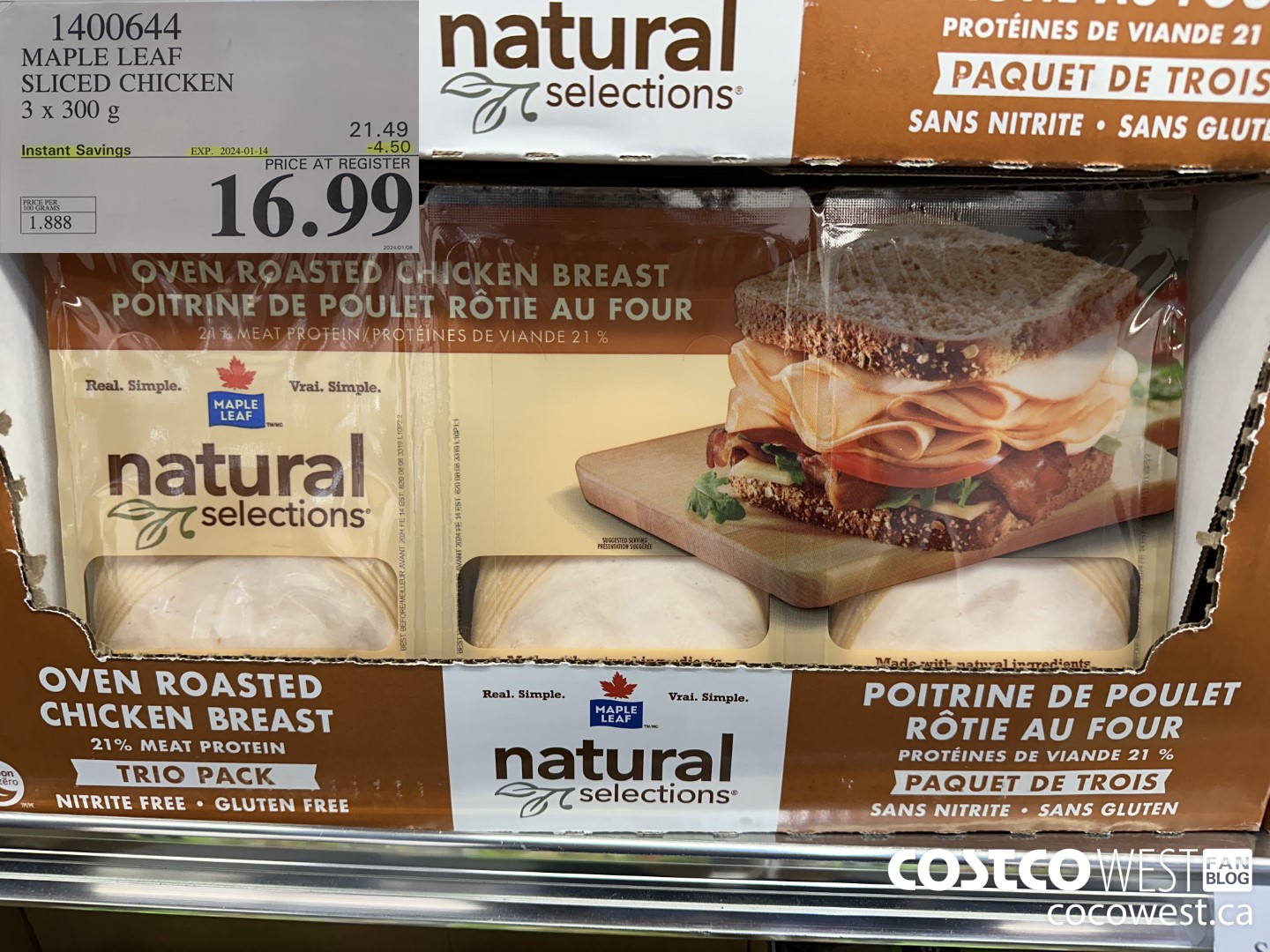 1400644 MAPLE LEAF SLICED CHICKEN 3 x 300 g ($4.50 INSTANT SAVINGS EXPIRES ON 2024-01-14) $16.99