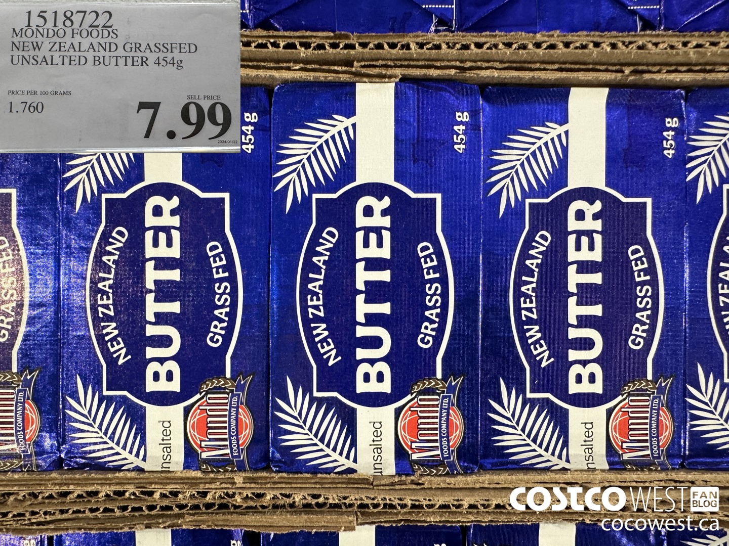 1518722 MONDO FOODS NEW ZEALAND GRASSFED UNSALTED BUTTER 454g  $7.99