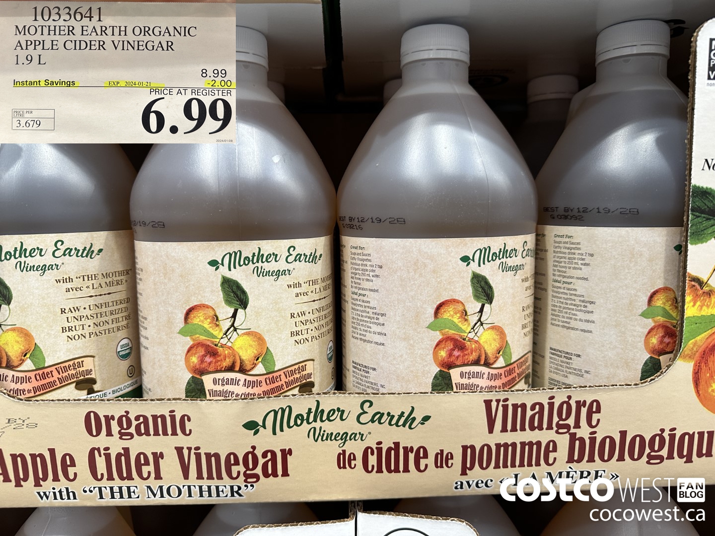 1033641 MOTHER EARTH ORGANIC APPLE CIDER VINEGAR 1.9L ($2.00 INSTANT SAVINGS EXPIRES ON 2024-01-21) $6.99