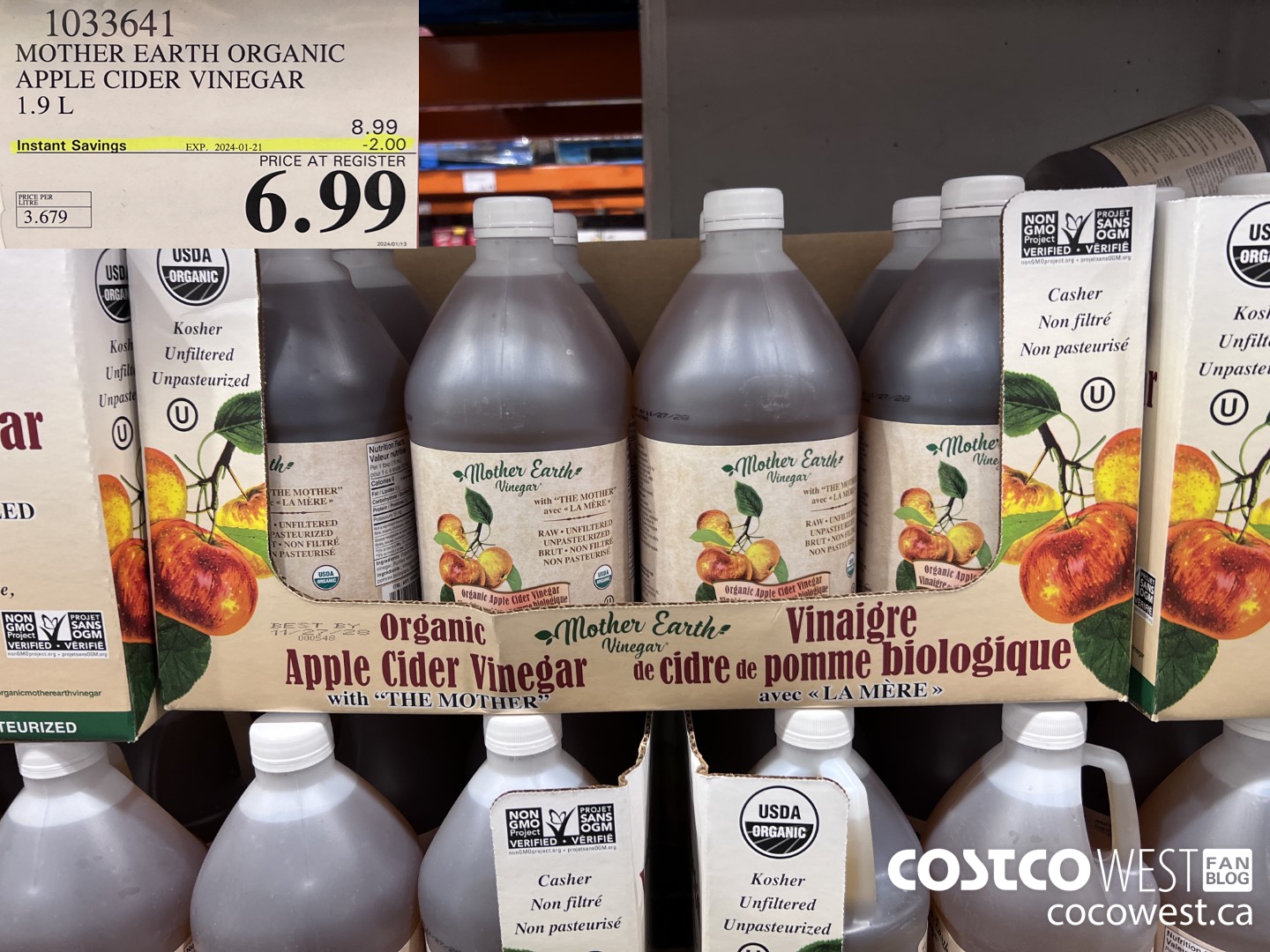 1033641 MOTHER EARTH ORGANIC APPLE CIDER VINEGAR 1.9L ($2.00 INSTANT SAVINGS EXPIRES ON 2024-01-21) $6.99