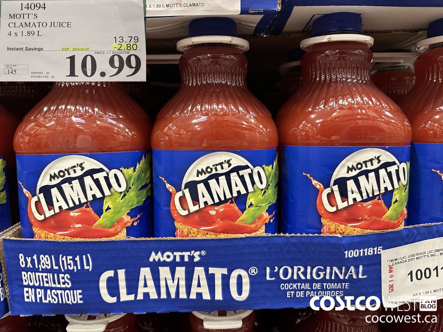 14094 MOTTS CLAMATO JUICE 4 X 1.89 L ($2.80 INSTANT SAVINGS EXPIRES ON 2024-01-07) $10.99
