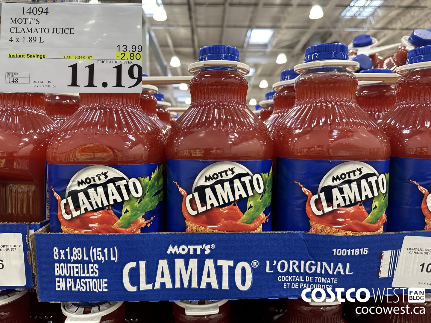 14094 MOTTS CLAMATO JUICE 4 X 1.89 L ($2.80 INSTANT SAVINGS EXPIRES ON 2024-01-07) $10.99
