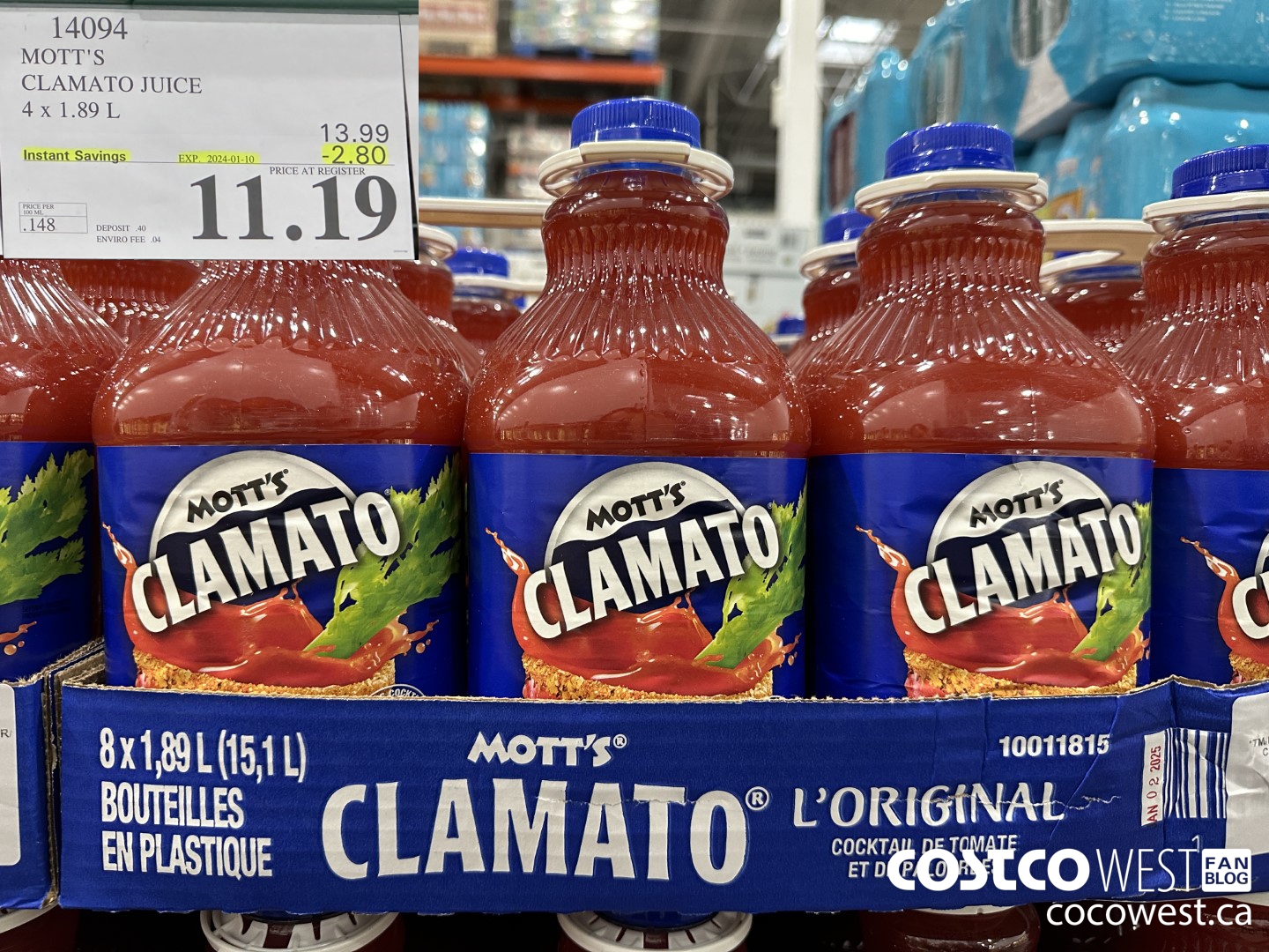 14094 MOTTS CLAMATO JUICE 4 X 1.89 L ($2.80 INSTANT SAVINGS EXPIRES ON 2024-01-10) $11.19