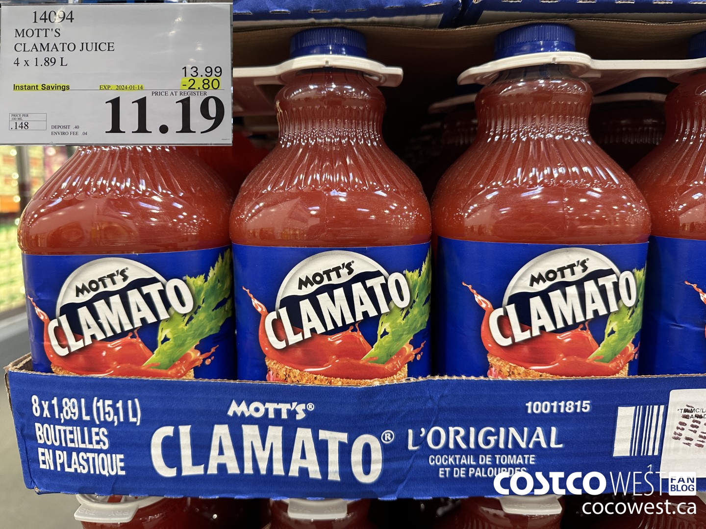 14094 MOTTS CLAMATO JUICE 4 X 1.89 L ($2.80 INSTANT SAVINGS EXPIRES ON 2024-01-14) $11.19