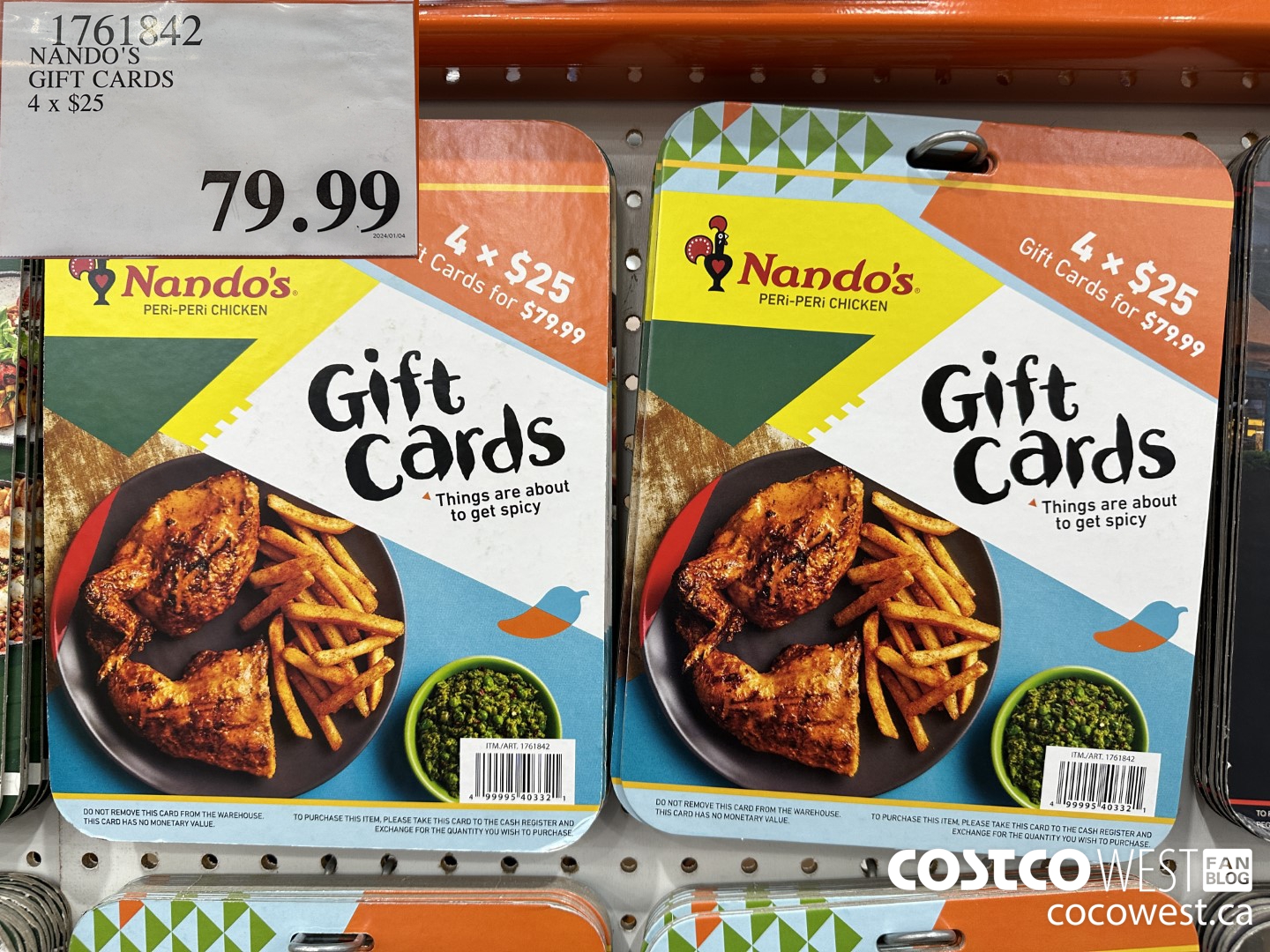 1761842 NANDO'S GIFT CARDS 4 X $25 $79.99