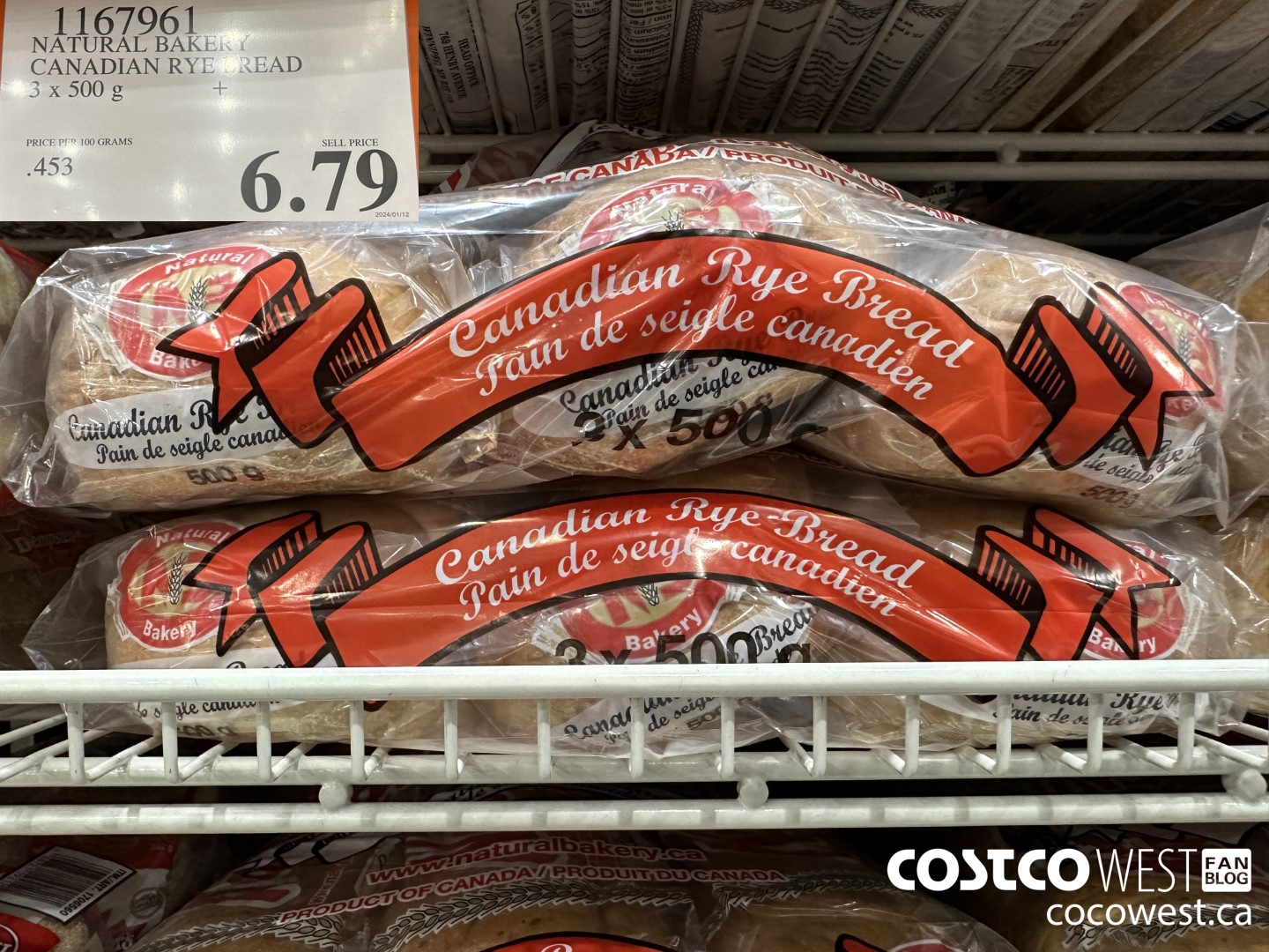 1167961 NATURAL BAKERY CANADIAN RYE BREAD 3 X 500 G $6.79