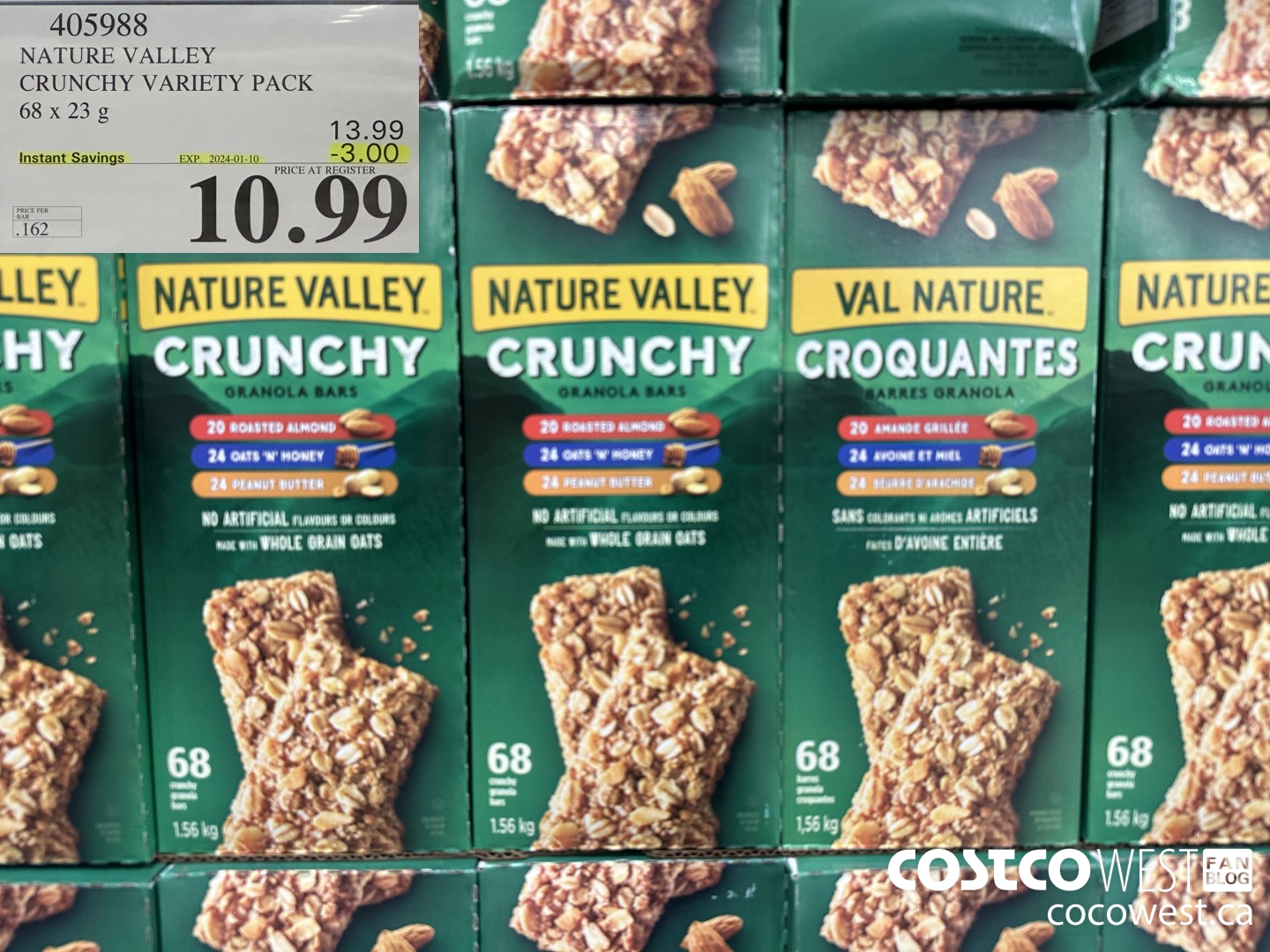 405988 NATURE VALLEY CRUNCHY VARIETY PACK OF 68 X 23 G ($3.00 INSTANT SAVINGS EXPIRES ON 2024-01-10) $10.99