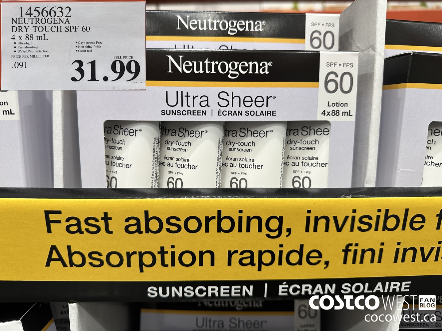 1456632 NEUTROGENA ULTRA SHEER SPF 60 OXY-FREE 4 x 88 mL $31.99