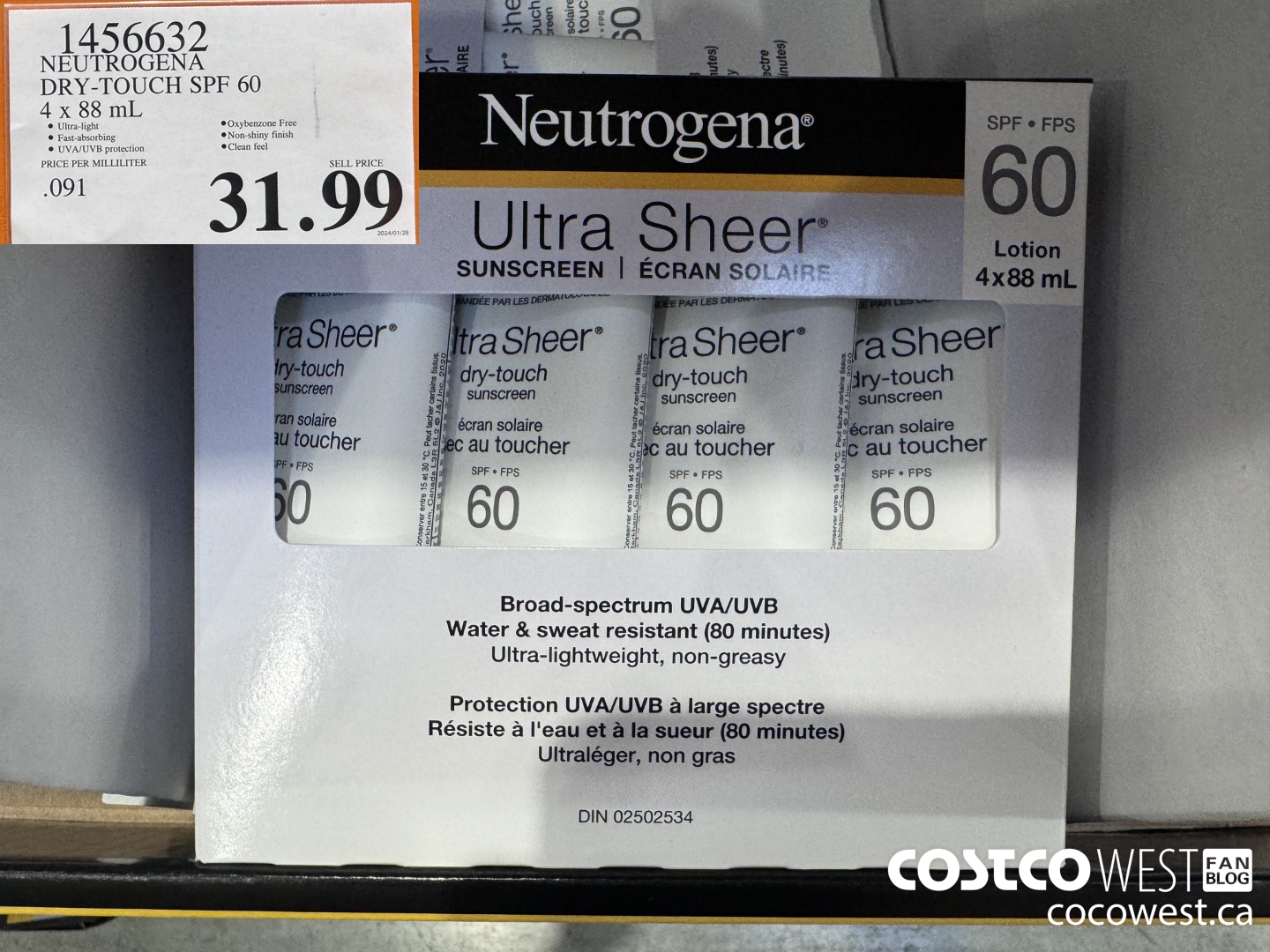 1456632 NEUTROGENA ULTRA SHEER SPF 60 OXY-FREE 4 x 88 mL $31.99