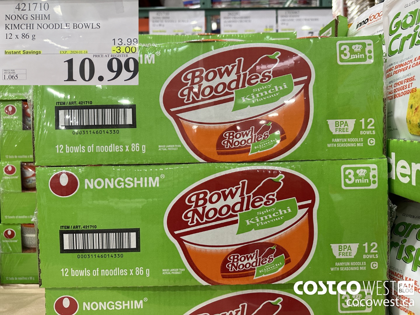 421710 NONG SHIM KIMCHI NOODLE BOWLS 12 x 86g ($3.00 INSTANT SAVINGS EXPIRES ON 2024-01-14) $10.99