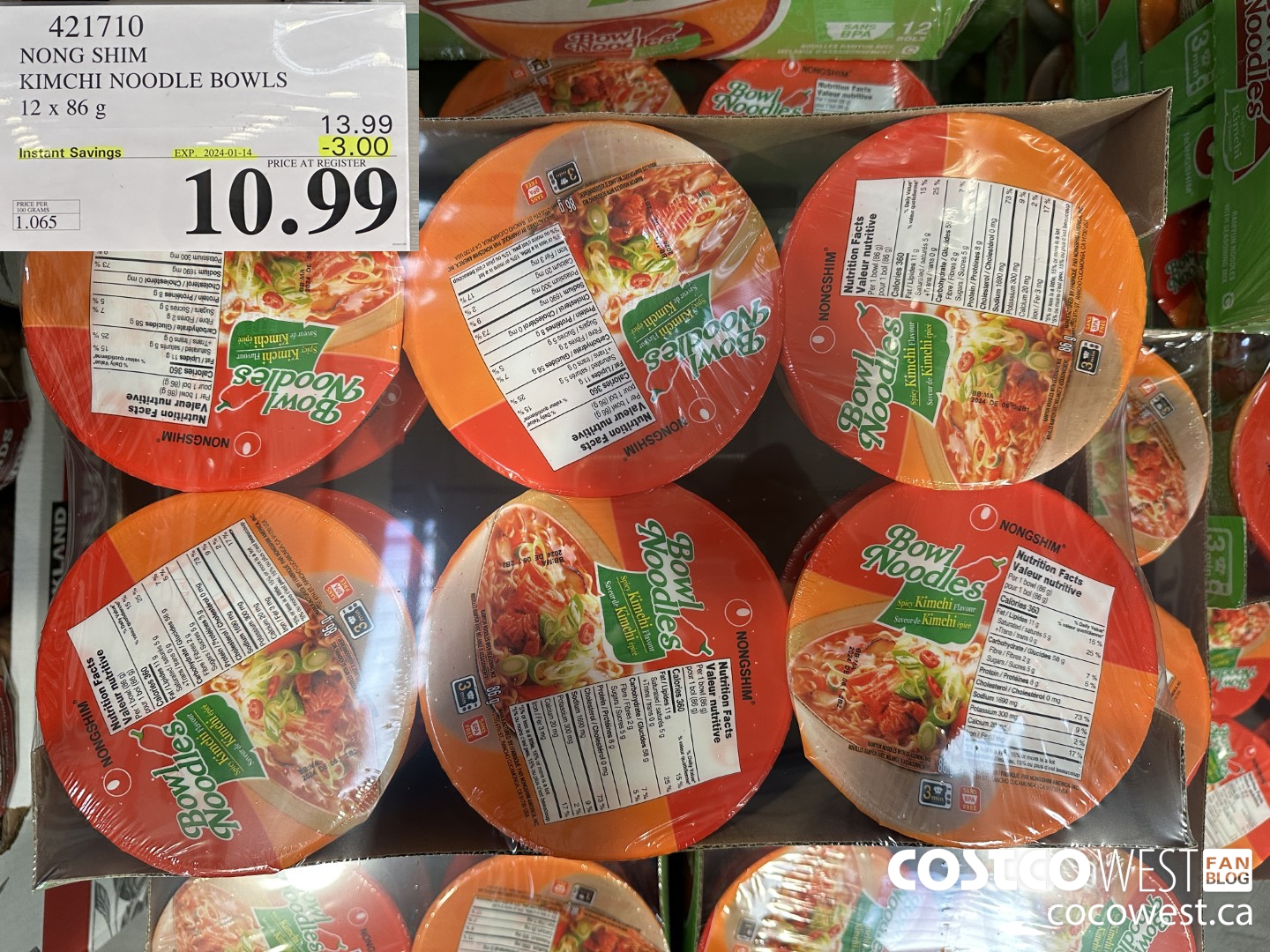 421710 NONG SHIM KIMCHI NOODLE BOWLS 12 x 86g ($3.00 INSTANT SAVINGS EXPIRES ON 2024-01-14) $10.99