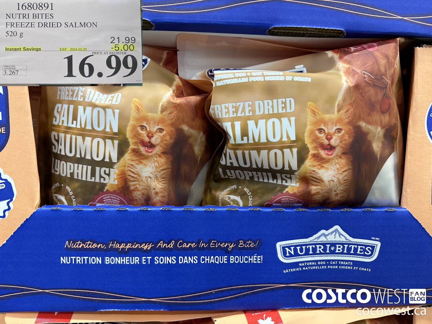 1680891 NUTRI BITES FREEZE DRIED SALMON 520G ($5.00 INSTANT SAVINGS EXPIRES ON 2024-02-25) $16.99