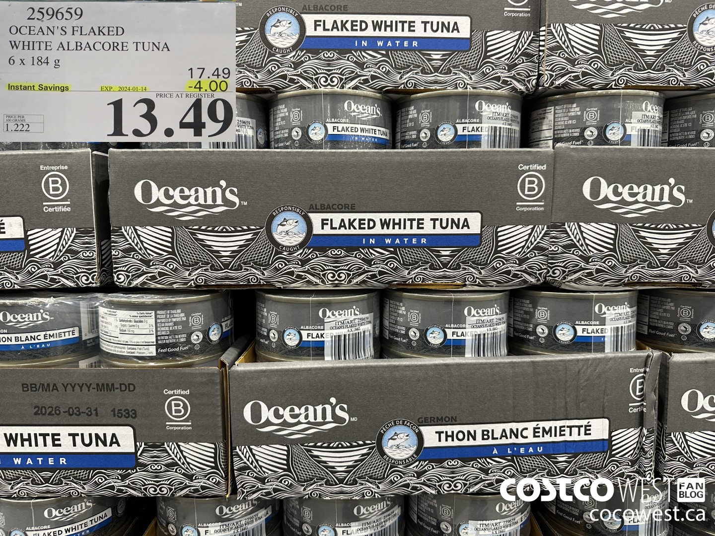 259659 OCEAN'S FLAKED WHITE ALBACORE TUNA 6x 184g ($4.00 INSTANT SAVINGS EXPIRES ON 2024-01-14) $13.49