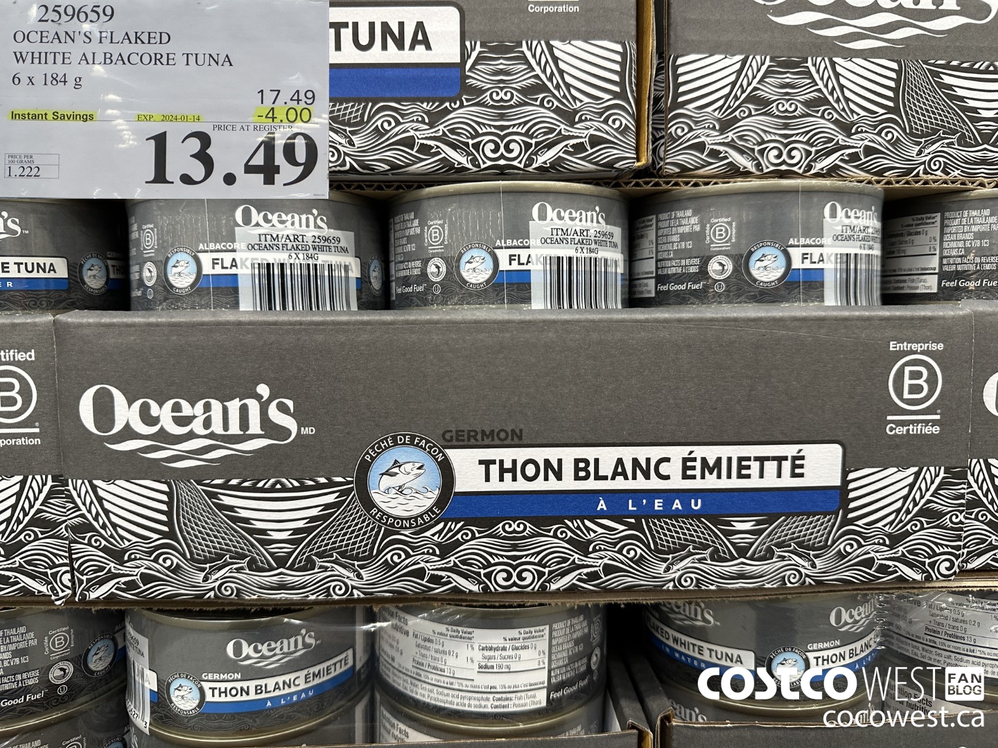 259659 OCEAN'S FLAKED WHITE ALBACORE TUNA 6x 184g ($4.00 INSTANT SAVINGS EXPIRES ON 2024-01-14) $13.49