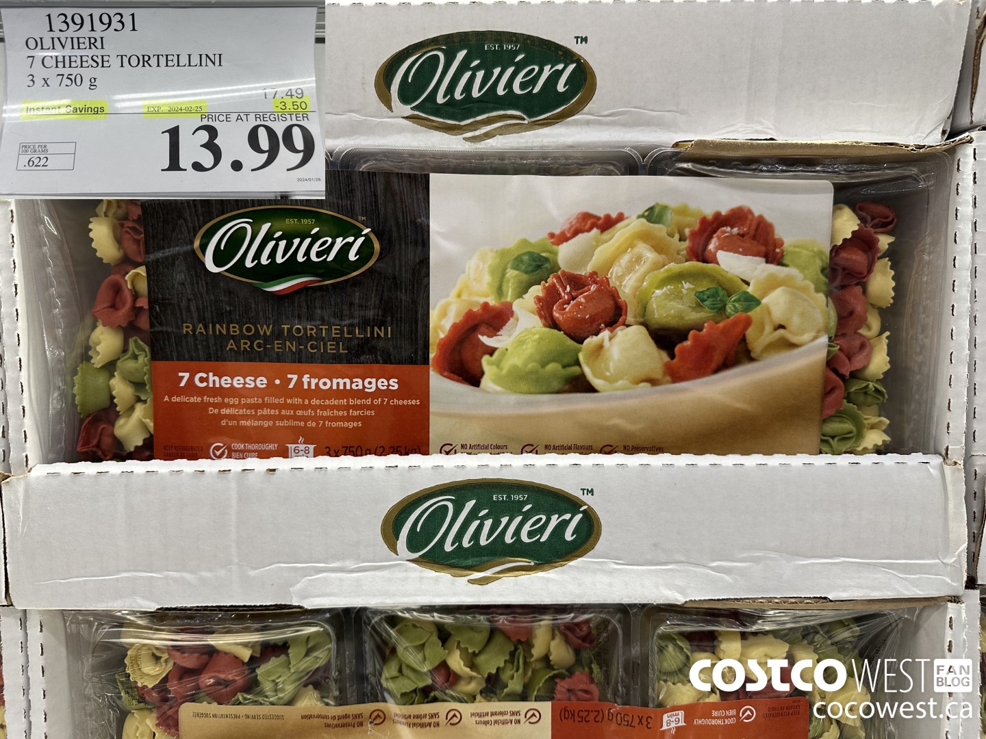 1391931 OLIVIERI 7 CHEESE TORTELLINI 3 x 750 g ($3.50 INSTANT SAVINGS EXPIRES ON 2024-02-25) $13.99