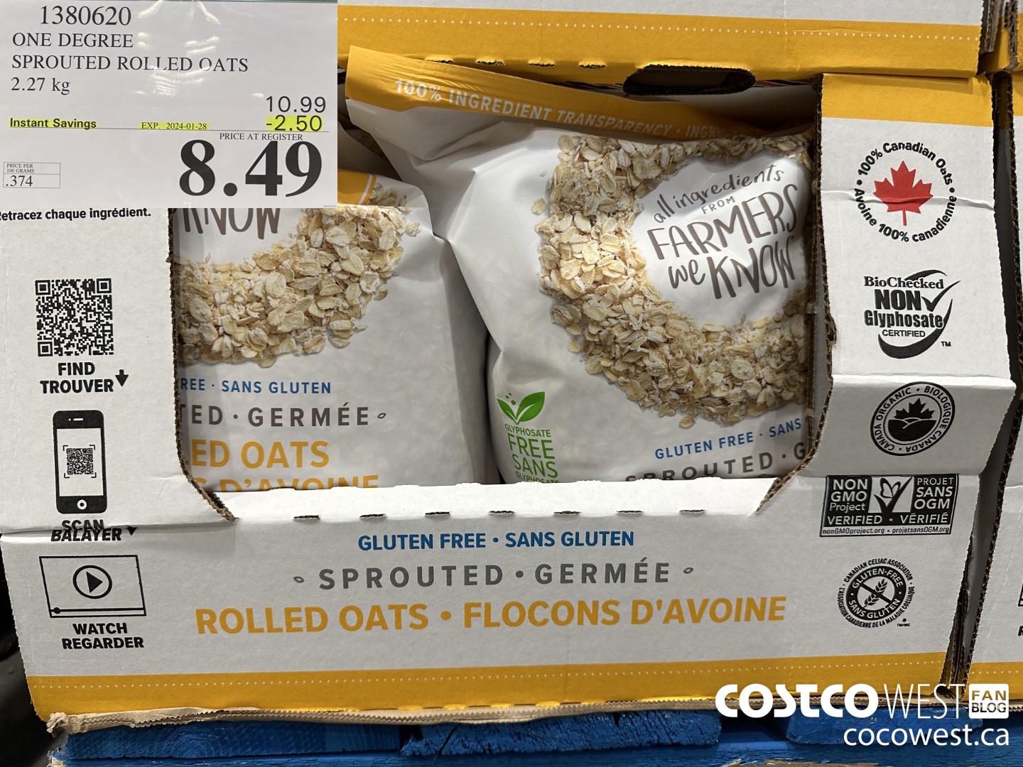 1380620 ONE DEGREE SPROUTED ROLLED OATS 2.27 KG ($2.50 INSTANT SAVINGS EXPIRES ON 2024-01-28) $8.49