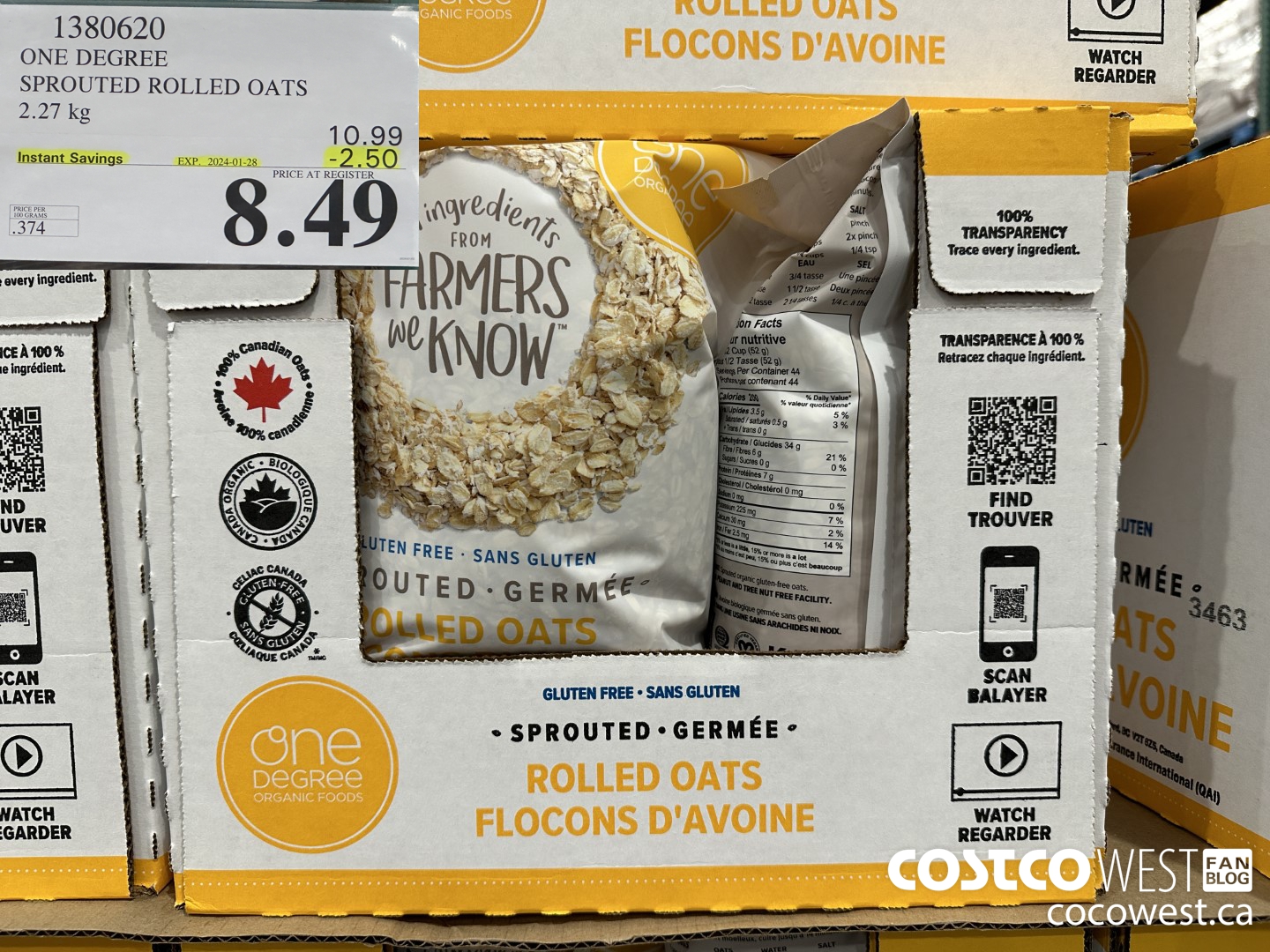 1380620 ONE DEGREE SPROUTED ROLLED OATS 2.27 KG ($2.50 INSTANT SAVINGS EXPIRES ON 2024-01-28) $8.49