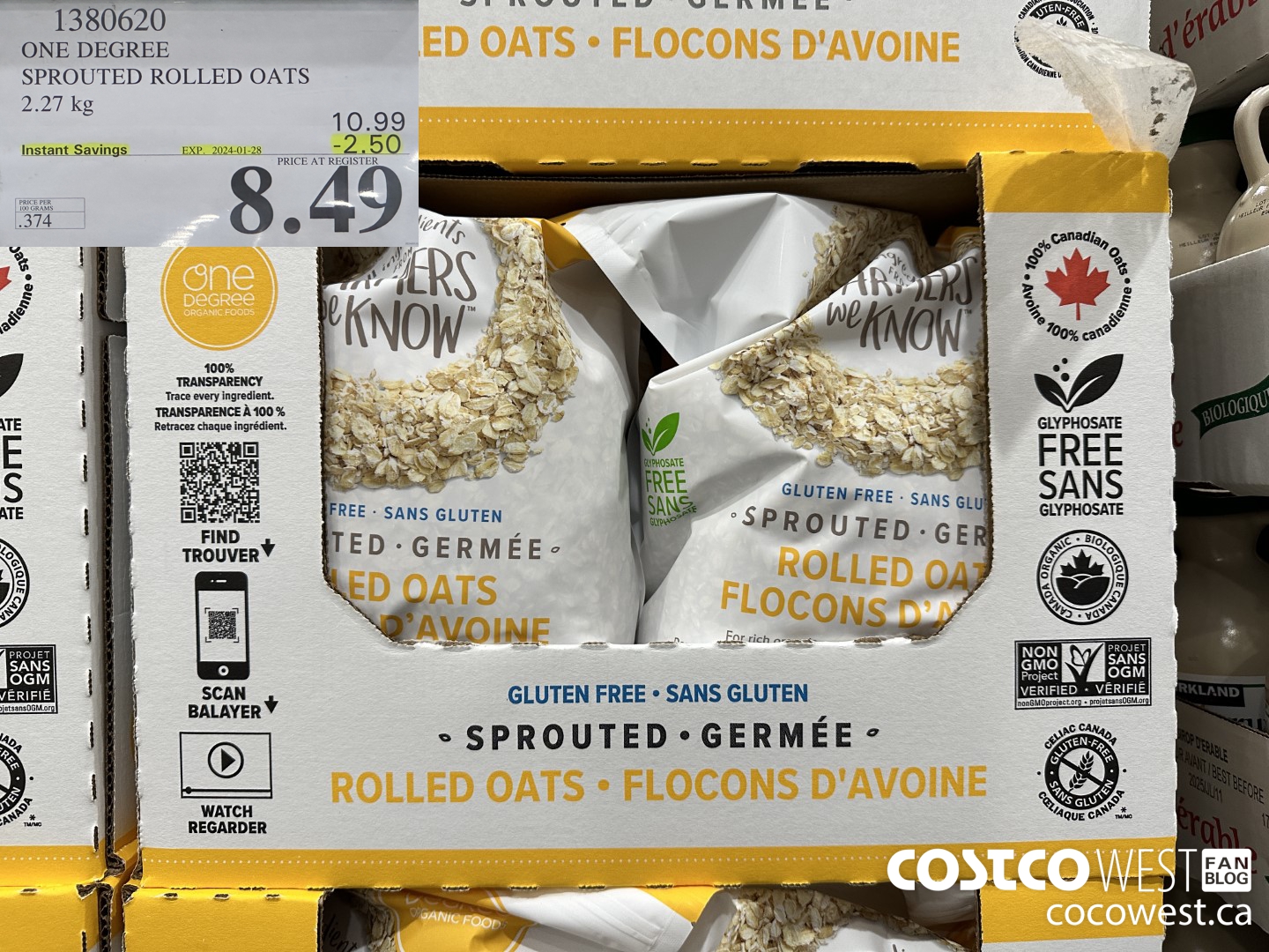 1380620 ONE DEGREE SPROUTED ROLLED OATS 2.27 KG ($2.50 INSTANT SAVINGS EXPIRES ON 2024-01-28) $8.49