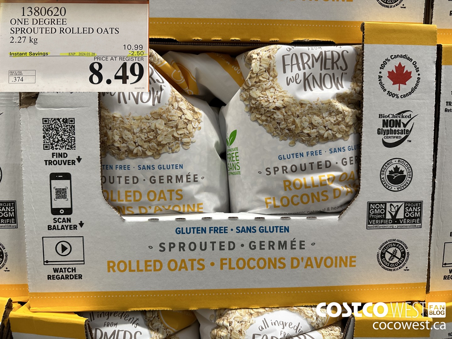 1380620 ONE DEGREE SPROUTED ROLLED OATS 2.27 KG ($2.50 INSTANT SAVINGS EXPIRES ON 2024-01-28) $8.49