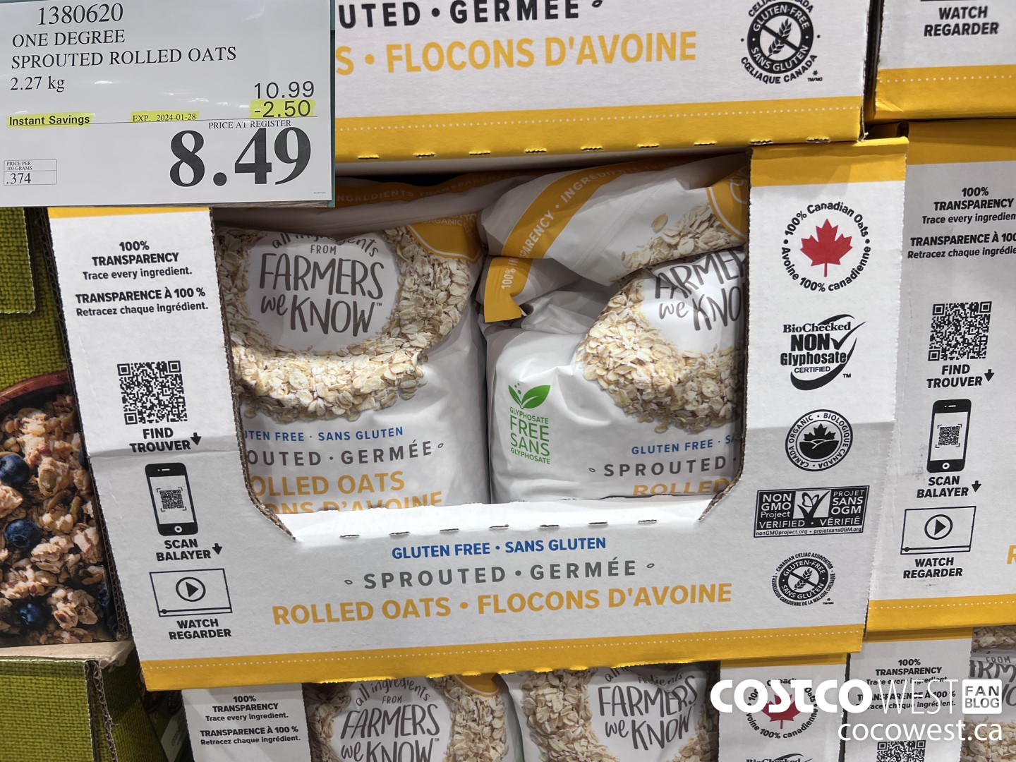1380620 ONE DEGREE SPROUTED ROLLED OATS 2.27 KG ($2.50 INSTANT SAVINGS EXPIRES ON 2024-01-28) $8.49