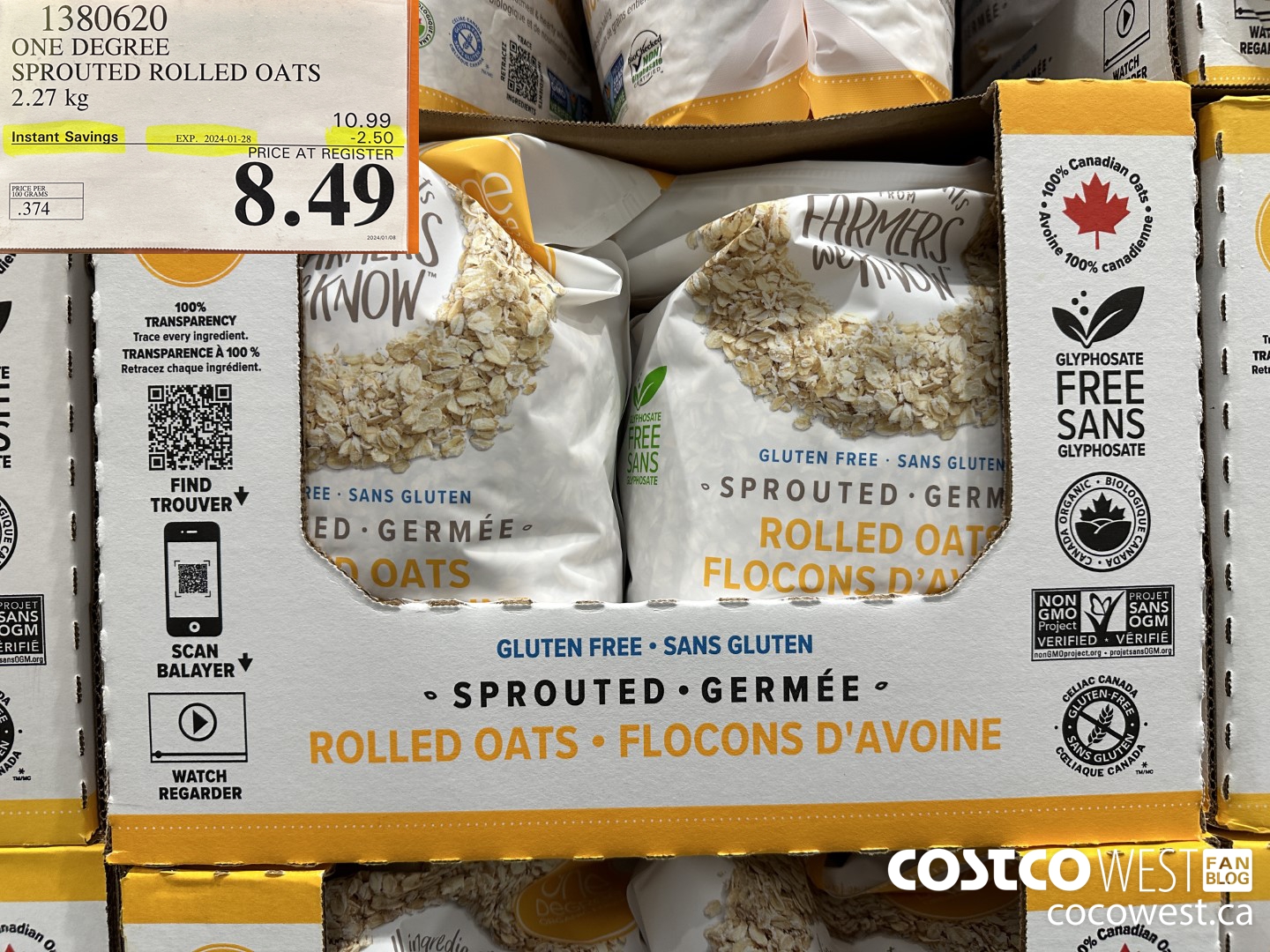 1380620 ONE DEGREE SPROUTED ROLLED OATS 2.27 KG ($2.50 INSTANT SAVINGS EXPIRES ON 2024-01-28) $8.49