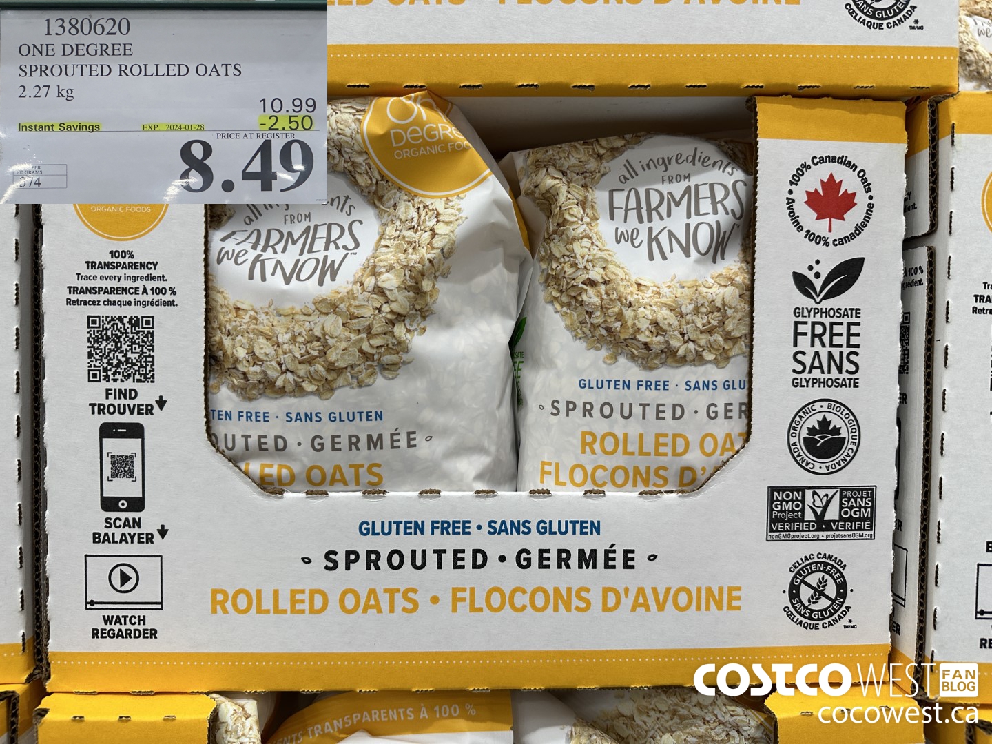 1380620 ONE DEGREE SPROUTED ROLLED OATS 2.27 KG ($2.50 INSTANT SAVINGS EXPIRES ON 2024-01-28) $8.49