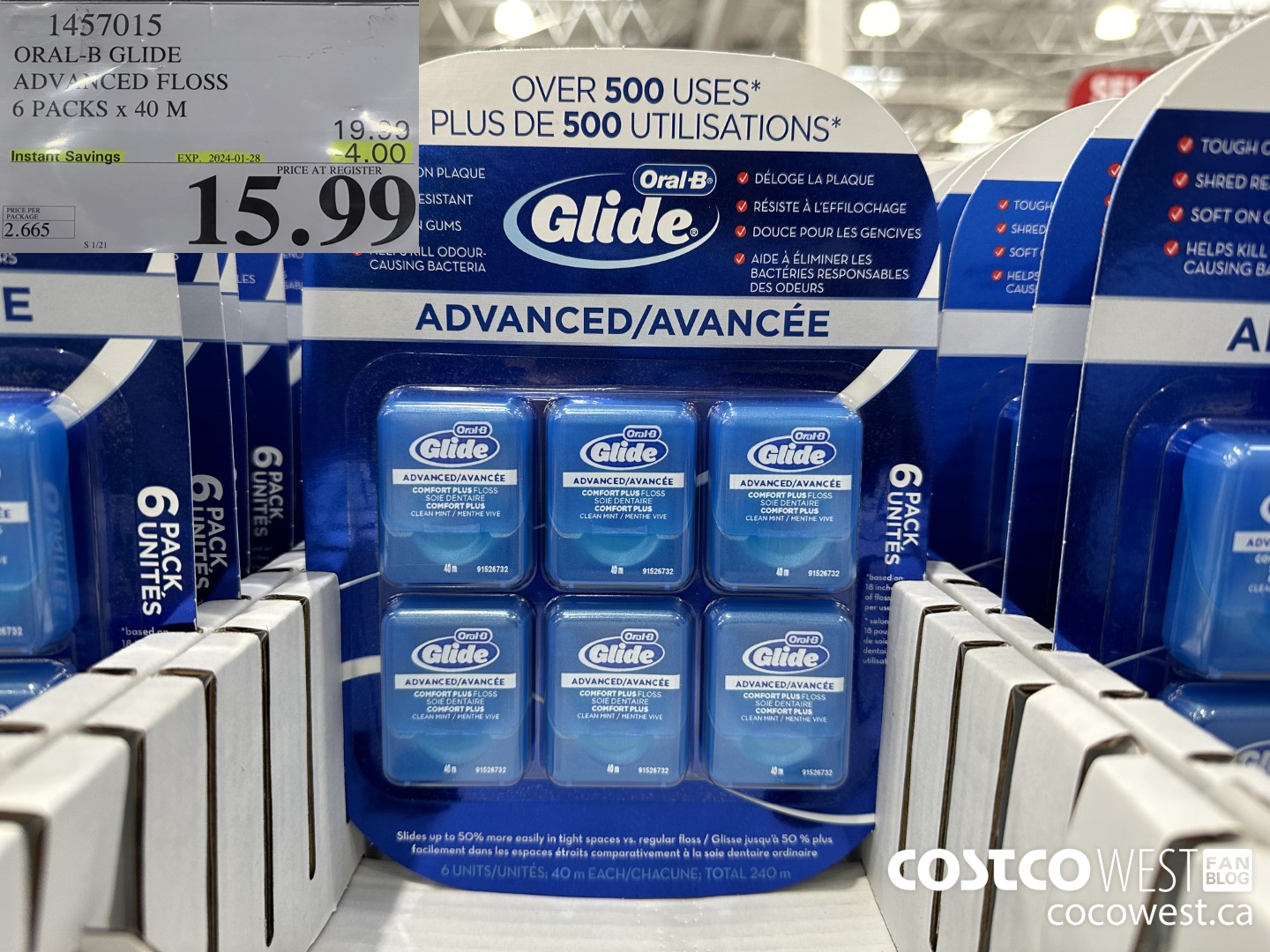 1457015 ORAL-B GLIDE ADVANCED FLOSS 6 PACKS x 40 M ($4.00 INSTANT SAVINGS EXPIRES ON 2024-01-28) $15.99