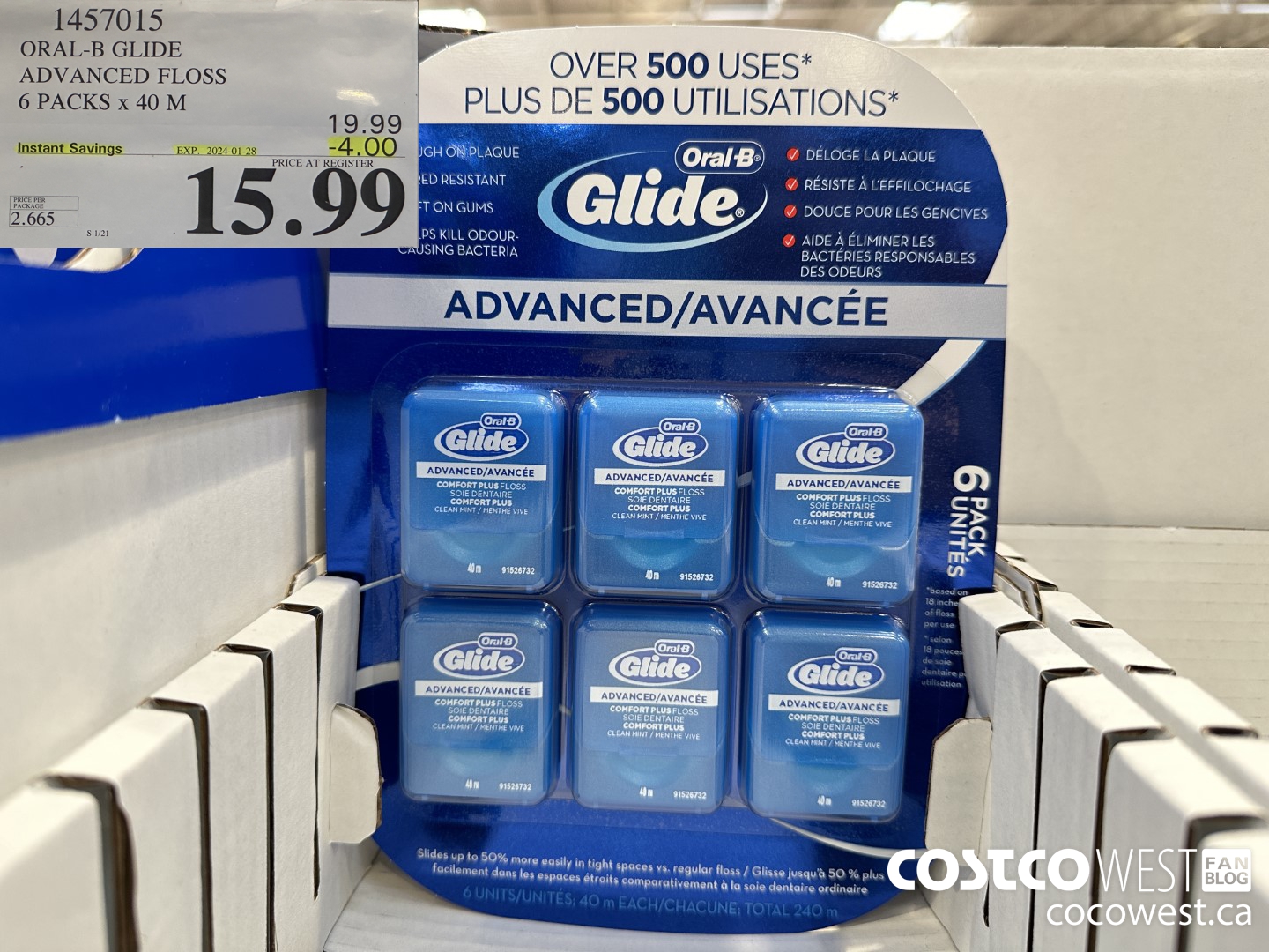 1457015 ORAL-B GLIDE ADVANCED FLOSS 6 PACKS x 40 M ($4.00 INSTANT SAVINGS EXPIRES ON 2024-01-28) $15.99
