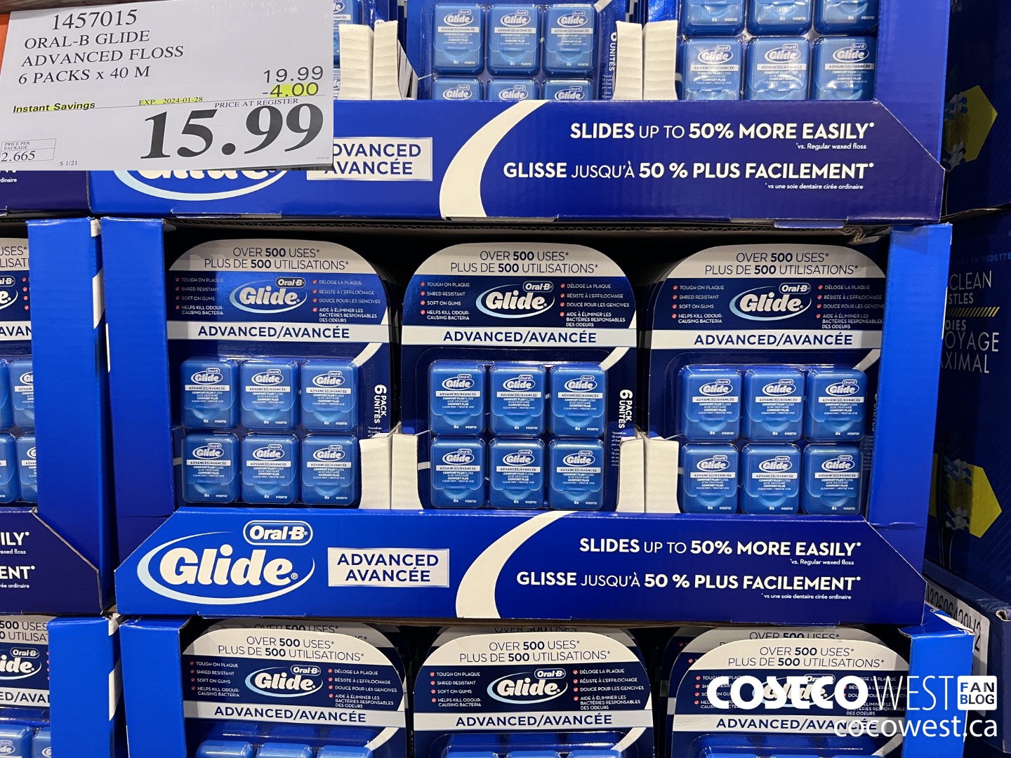 1457015 ORAL-B GLIDE ADVANCED FLOSS 6 PACKS x 40 M ($4.00 INSTANT SAVINGS EXPIRES ON 2024-01-28) $15.99