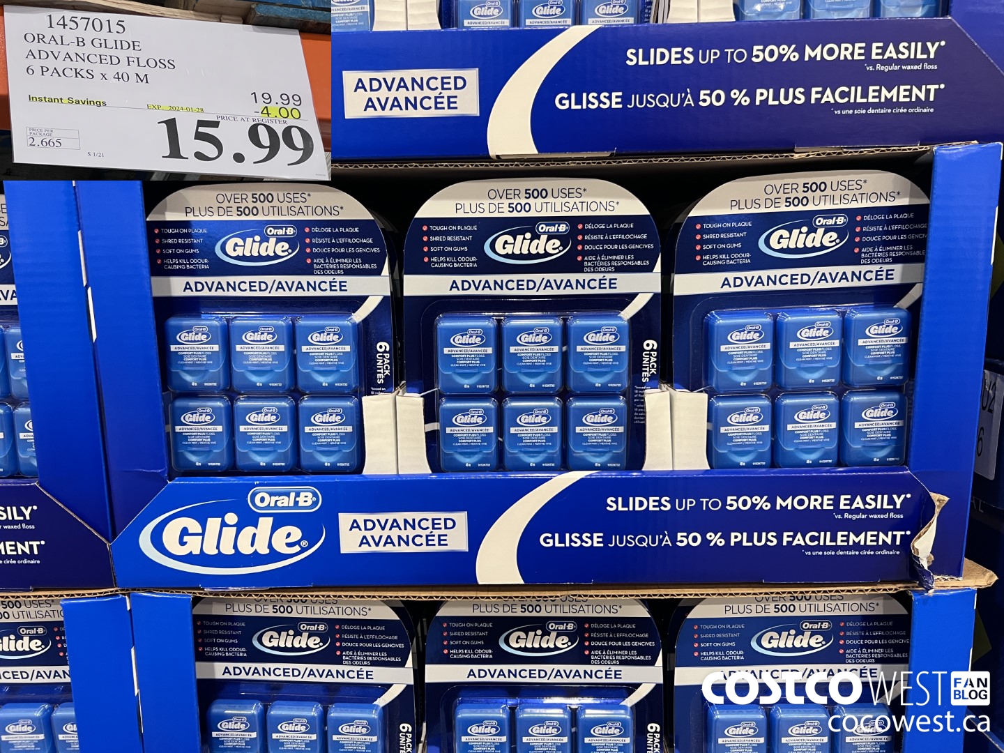1457015 ORAL-B GLIDE ADVANCED FLOSS 6 PACKS x 40 M ($4.00 INSTANT SAVINGS EXPIRES ON 2024-01-28) $15.99