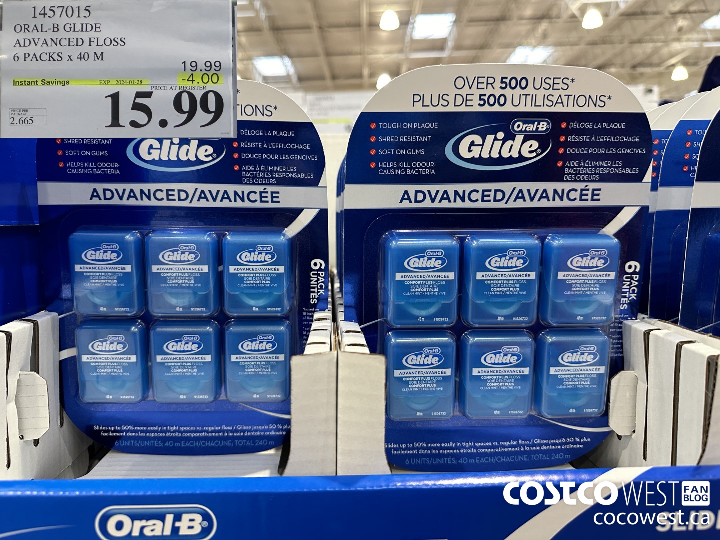 1457015 ORAL-B GLIDE ADVANCED FLOSS 6 PACKS x 40 M ($4.00 INSTANT SAVINGS EXPIRES ON 2024-01-28) $15.99