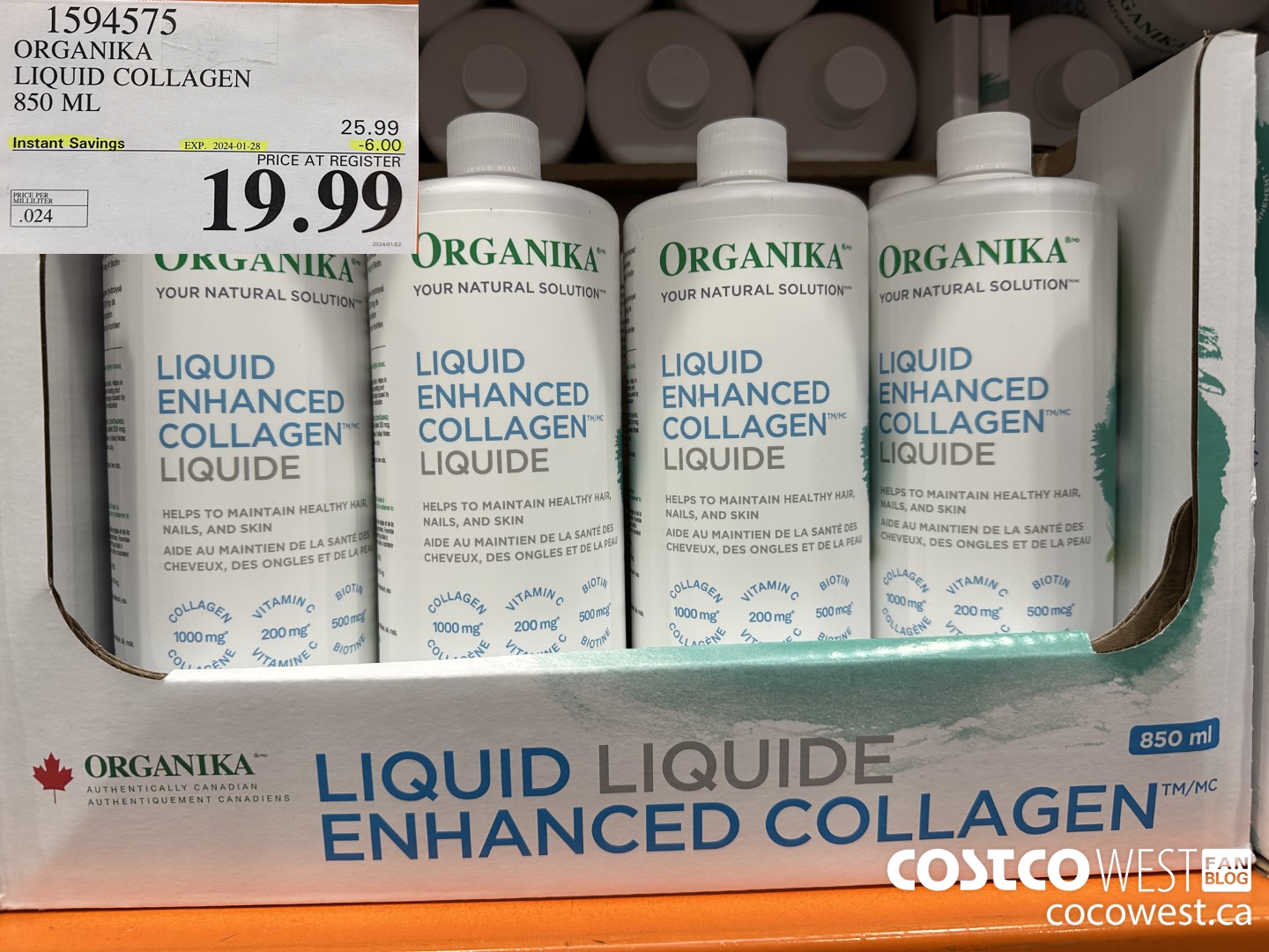 1594575 ORGANIKA LIQUID COLLAGEN 850 ML ($6.00 INSTANT SAVINGS EXPIRES ON 2024-01-28) $19.99