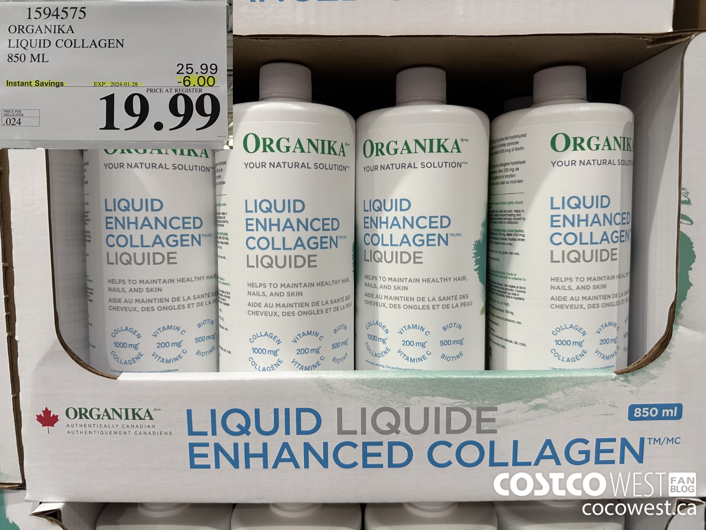 1594575 ORGANIKA LIQUID COLLAGEN 850 ML ($6.00 INSTANT SAVINGS EXPIRES ON 2024-01-28) $19.99