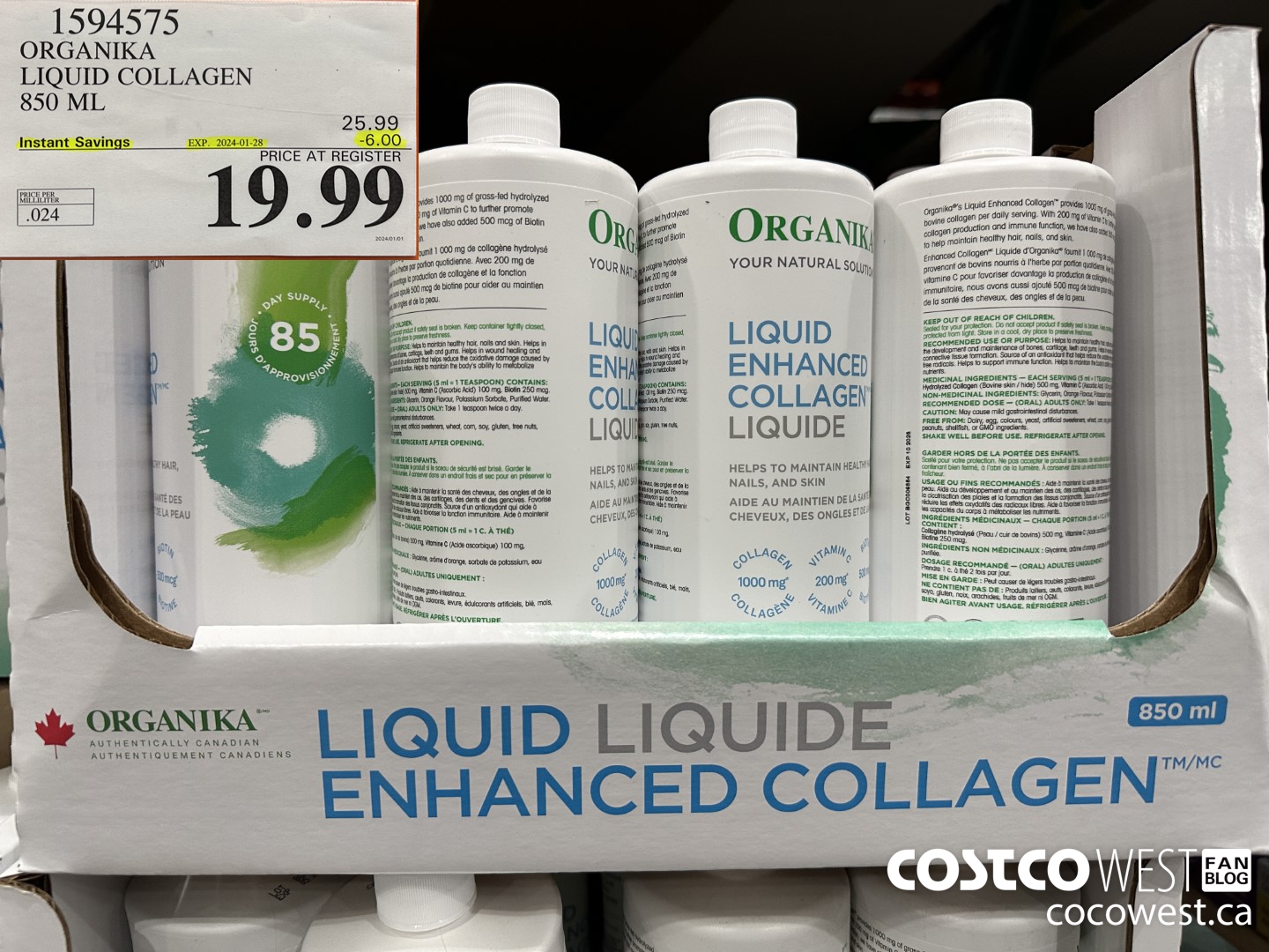 1594575 ORGANIKA LIQUID COLLAGEN 850 ML ($6.00 INSTANT SAVINGS EXPIRES ON 2024-01-28) $19.99