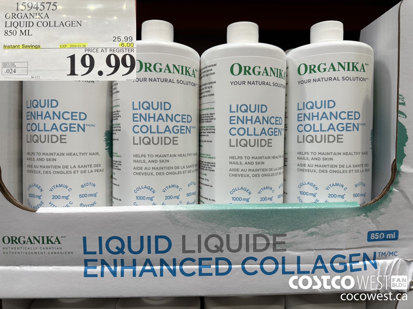 1594575 ORGANIKA LIQUID COLLAGEN 850 ML ($6.00 INSTANT SAVINGS EXPIRES ON 2024-01-28) $19.99