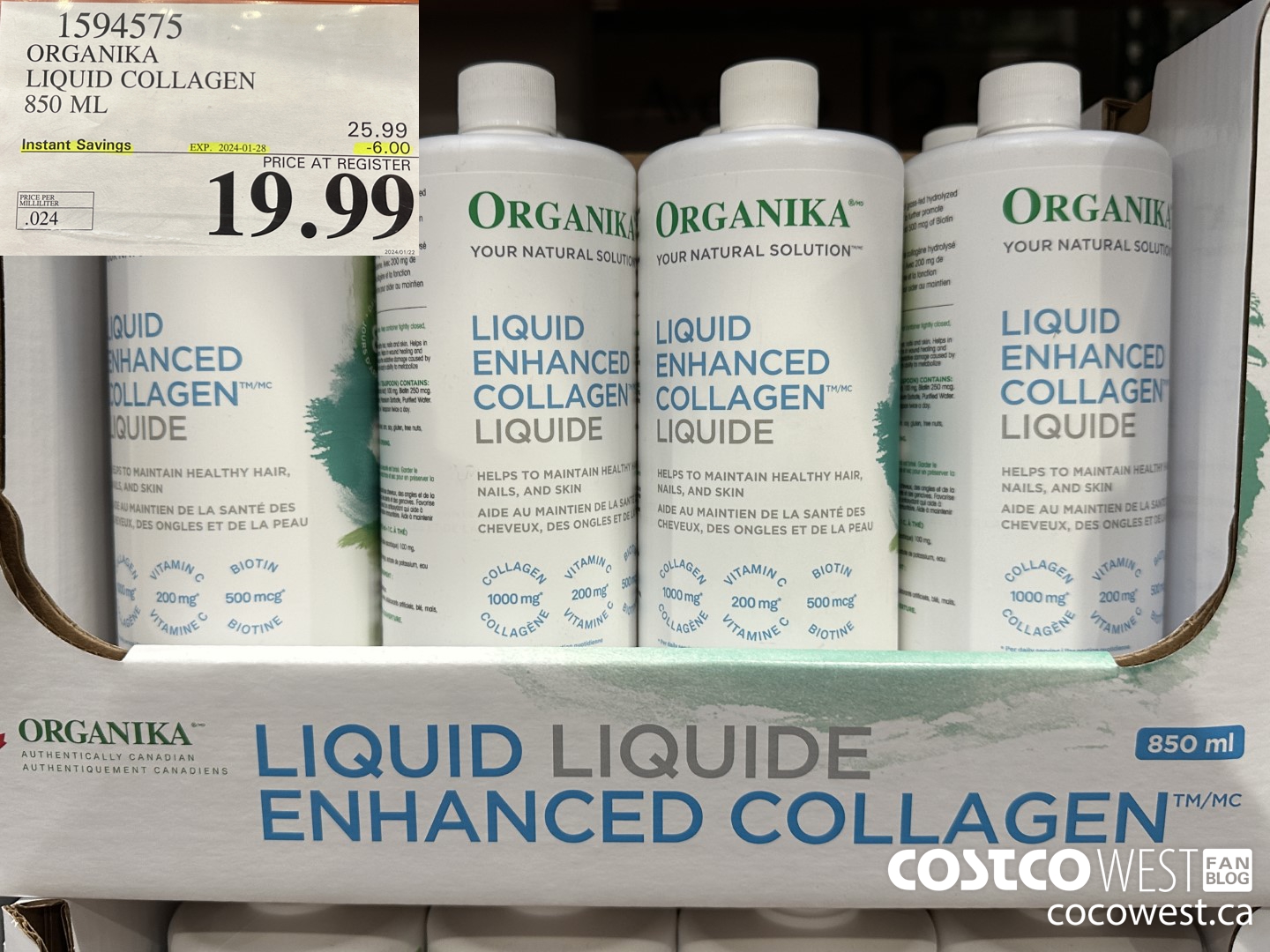 1594575 ORGANIKA LIQUID COLLAGEN 850 ML ($6.00 INSTANT SAVINGS EXPIRES ON 2024-01-28) $19.99