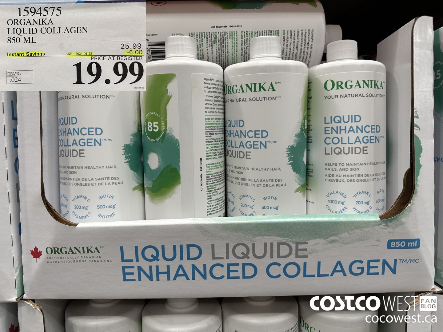 1594575 ORGANIKA LIQUID COLLAGEN 850 ML ($6.00 INSTANT SAVINGS EXPIRES ON 2024-01-28) $19.99
