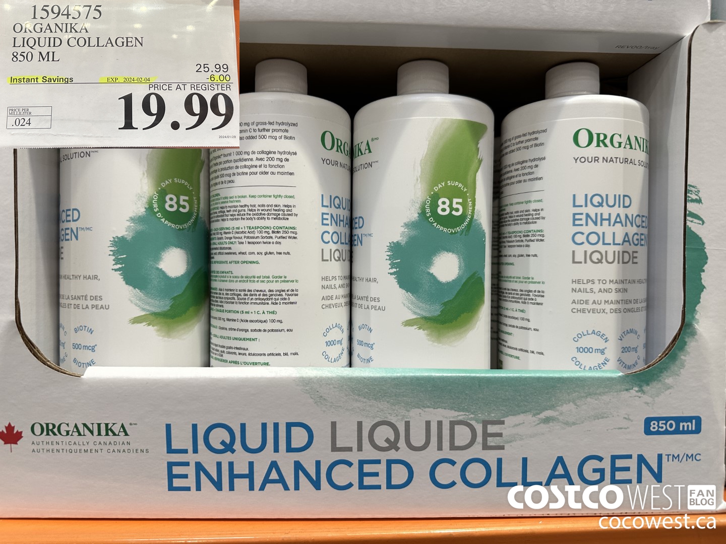 1594575 ORGANIKA LIQUID COLLAGEN 850 ML ($6.00 INSTANT SAVINGS EXPIRES ON 2024-02-04) $19.99