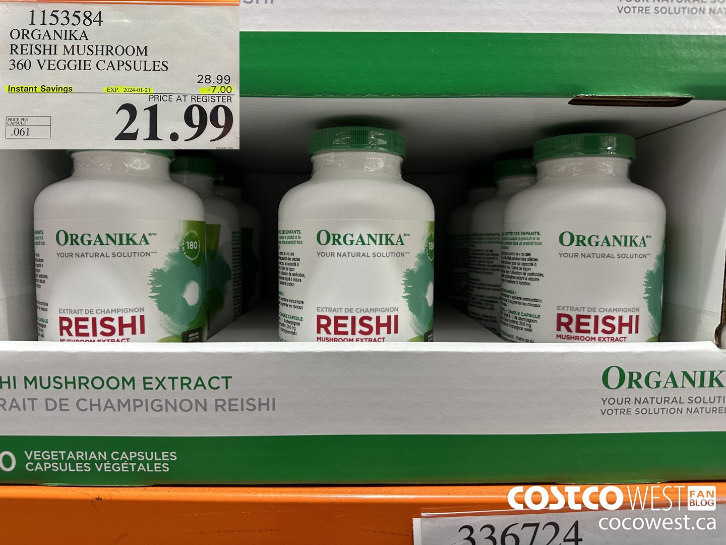 1153584 ORGANIKA REISHI MUSHROOM 360 VEGGIE CAPSULES ($7.00 INSTANT SAVINGS EXPIRES ON 2024-01-21) $21.99