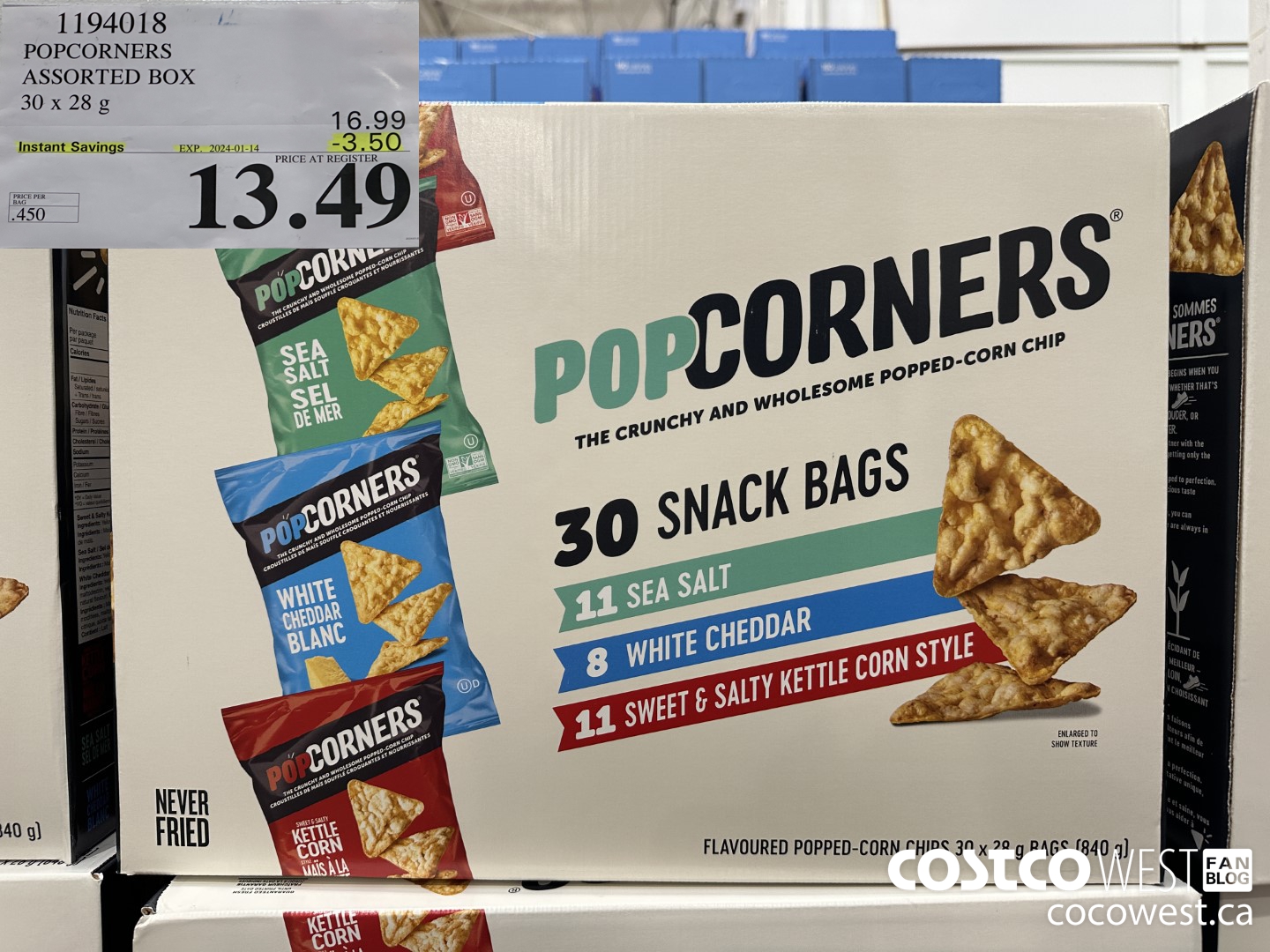 1194018 POPCORNERS ASSORTED BOX 30 X 28 G ($3.50 INSTANT SAVINGS EXPIRES ON 2024-01-14) $13.49