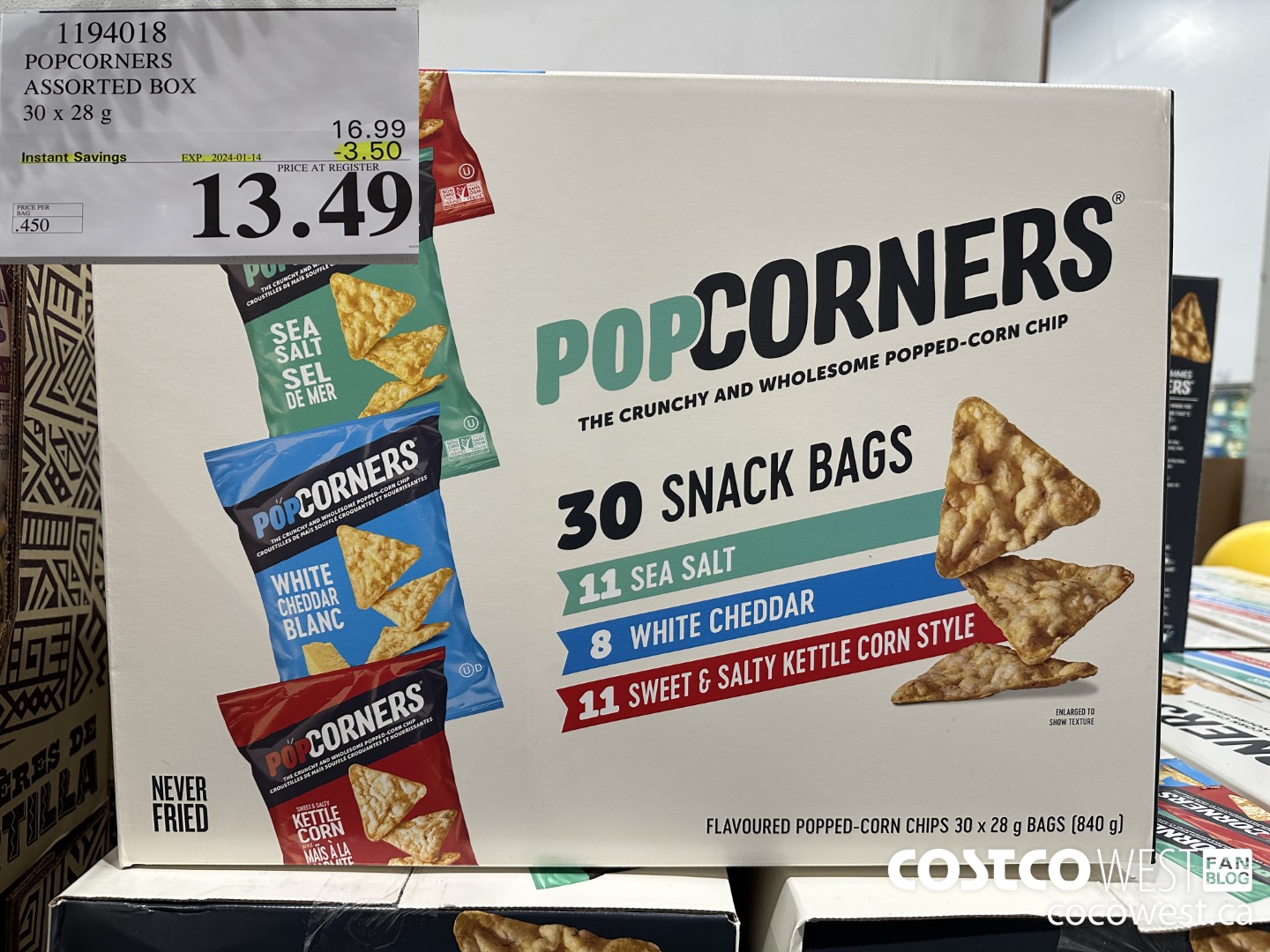 1194018 POPCORNERS ASSORTED BOX 30 X 28 G ($3.50 INSTANT SAVINGS EXPIRES ON 2024-01-14) $13.49